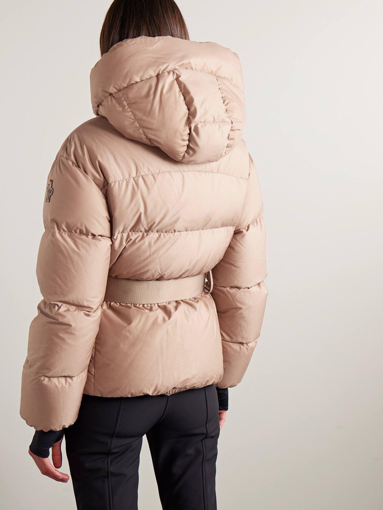 Moncler Nisene Hooded Belted Quilted Ripstop Down Ski Jacket In Neutral