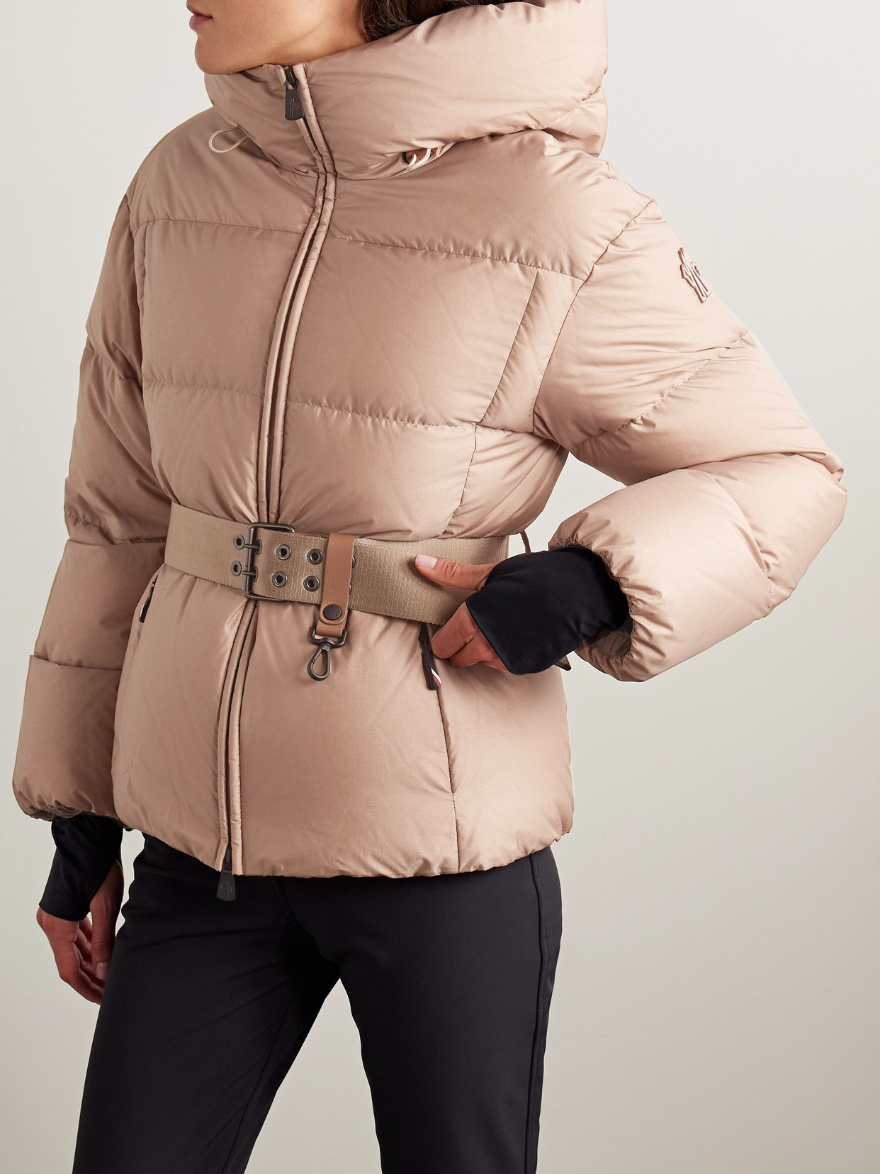 Moncler Nisene Hooded Belted Quilted Ripstop Down Ski Jacket In Neutral