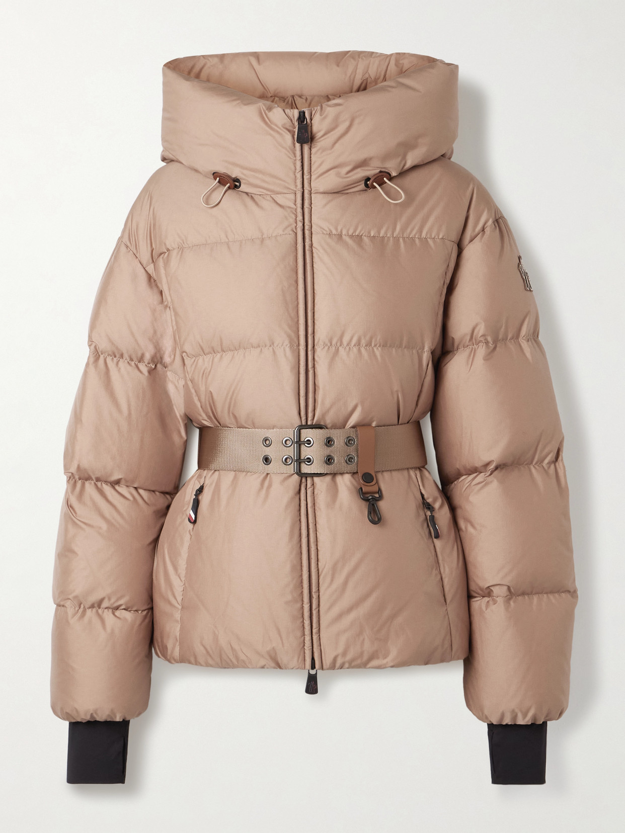 Moncler Nisene Hooded Belted Quilted Ripstop Down Ski Jacket In Neutral