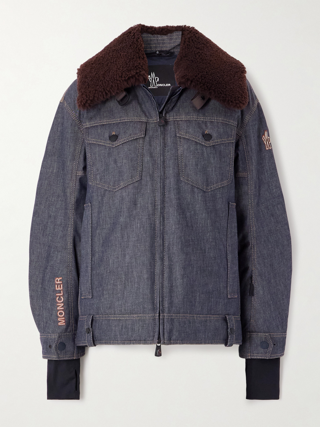 Moncler Grenoble Yunque Denim Down Trucker Jacket With Genuine Shearling Collar In Blue