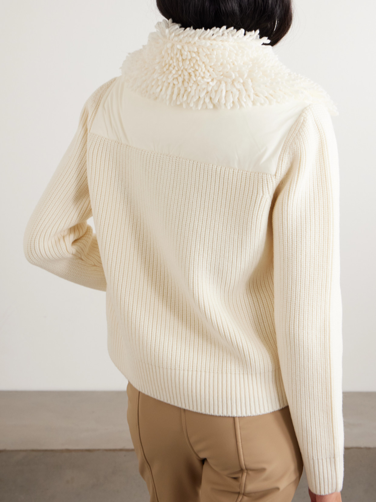 Moncler Fleece And Quilted Shell-paneled Ribbed Wool Cardigan In White