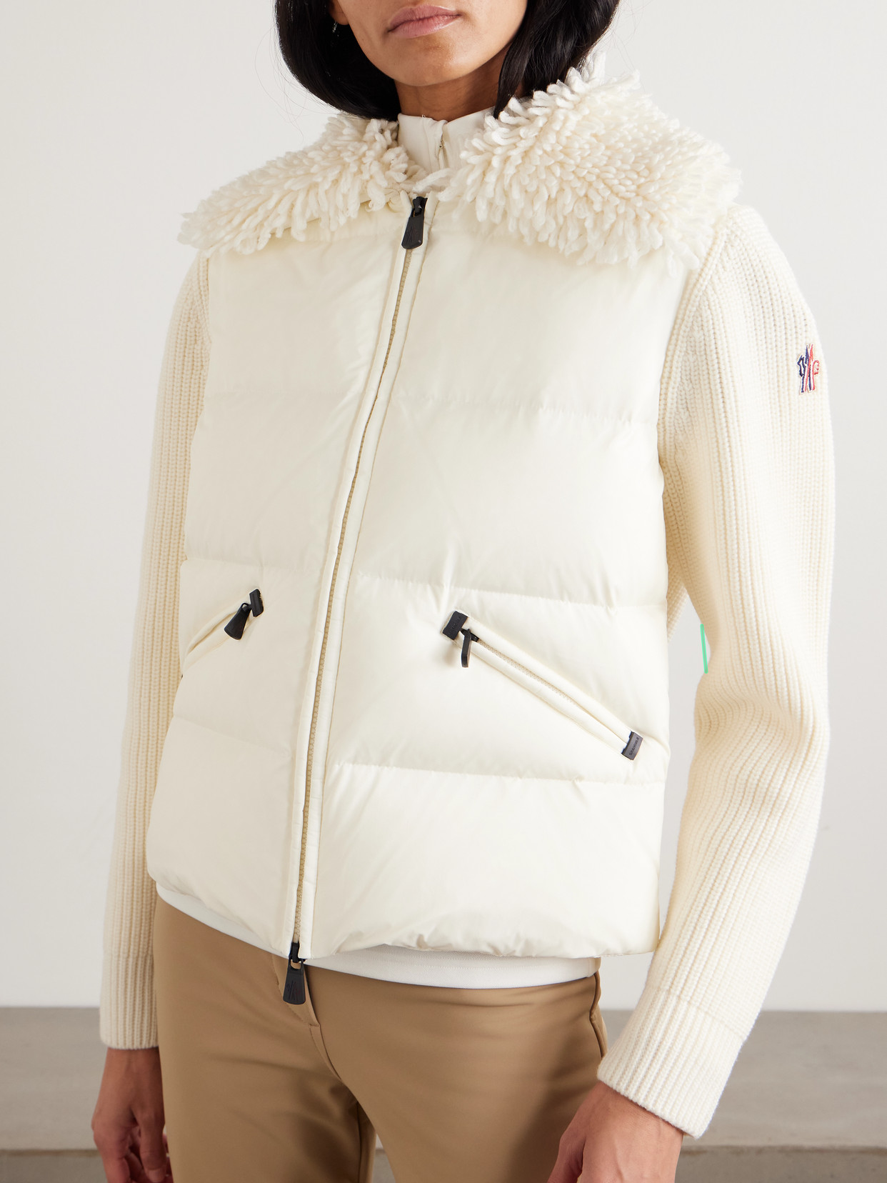 Moncler Fleece And Quilted Shell-paneled Ribbed Wool Cardigan In White