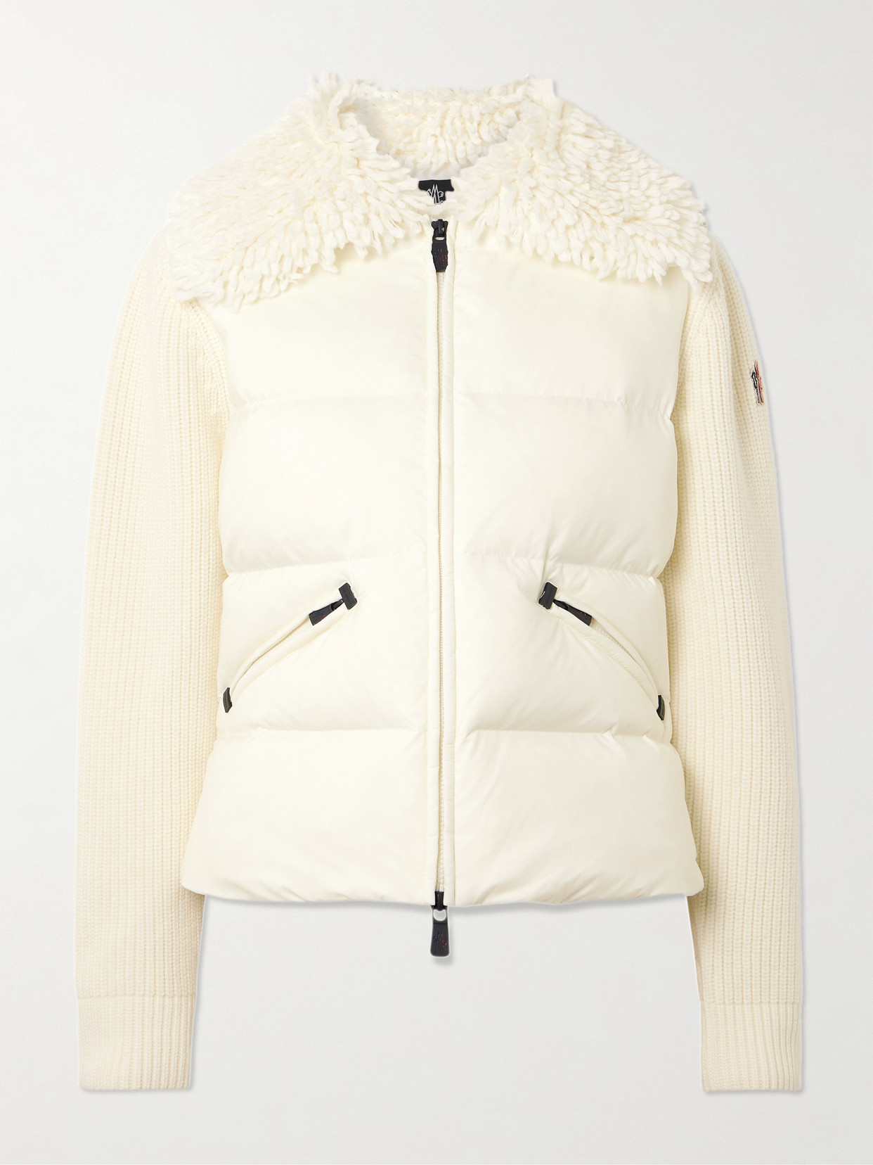 Moncler Fleece And Quilted Shell-paneled Ribbed Wool Cardigan In White