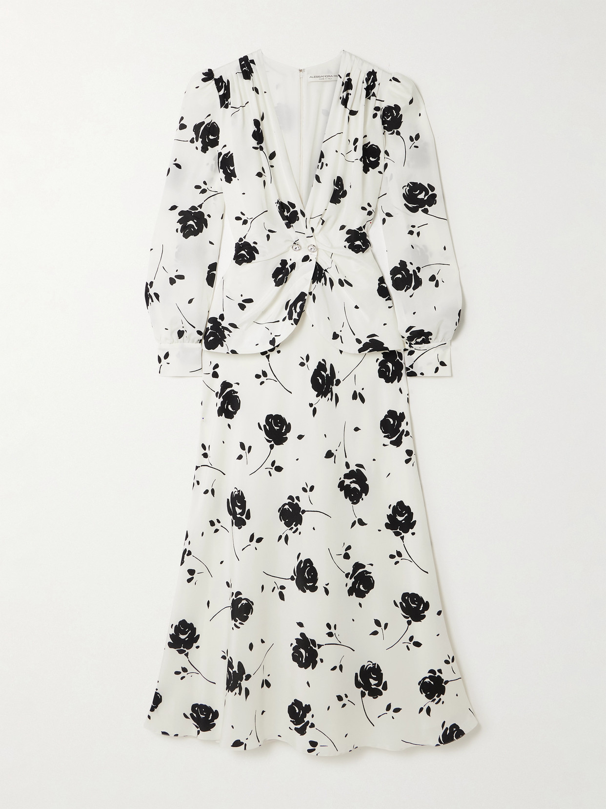 Alessandra Rich Embellished Pleated Floral-print Silk Crepe De Chine Midi Dress In White