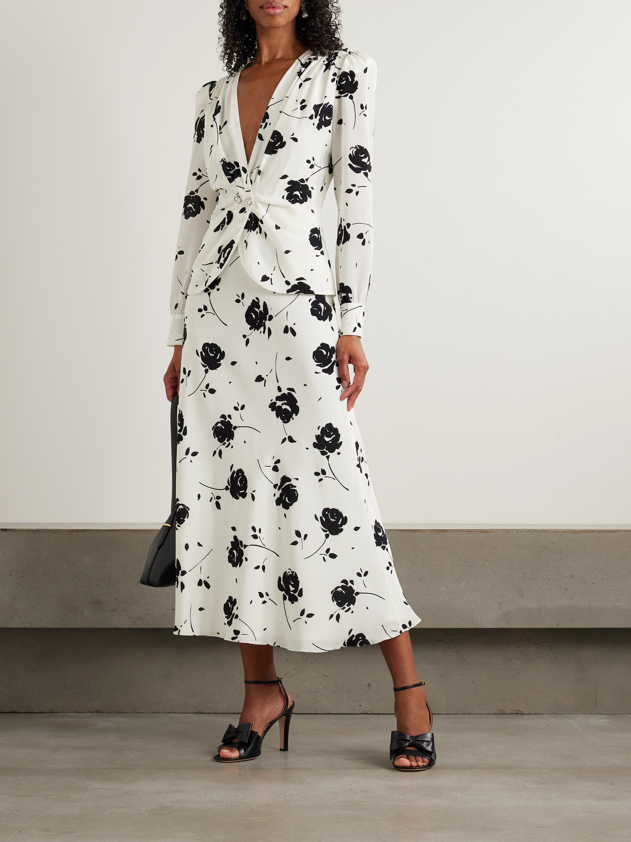 Alessandra Rich Embellished Pleated Floral-print Silk Crepe De Chine Midi Dress In White