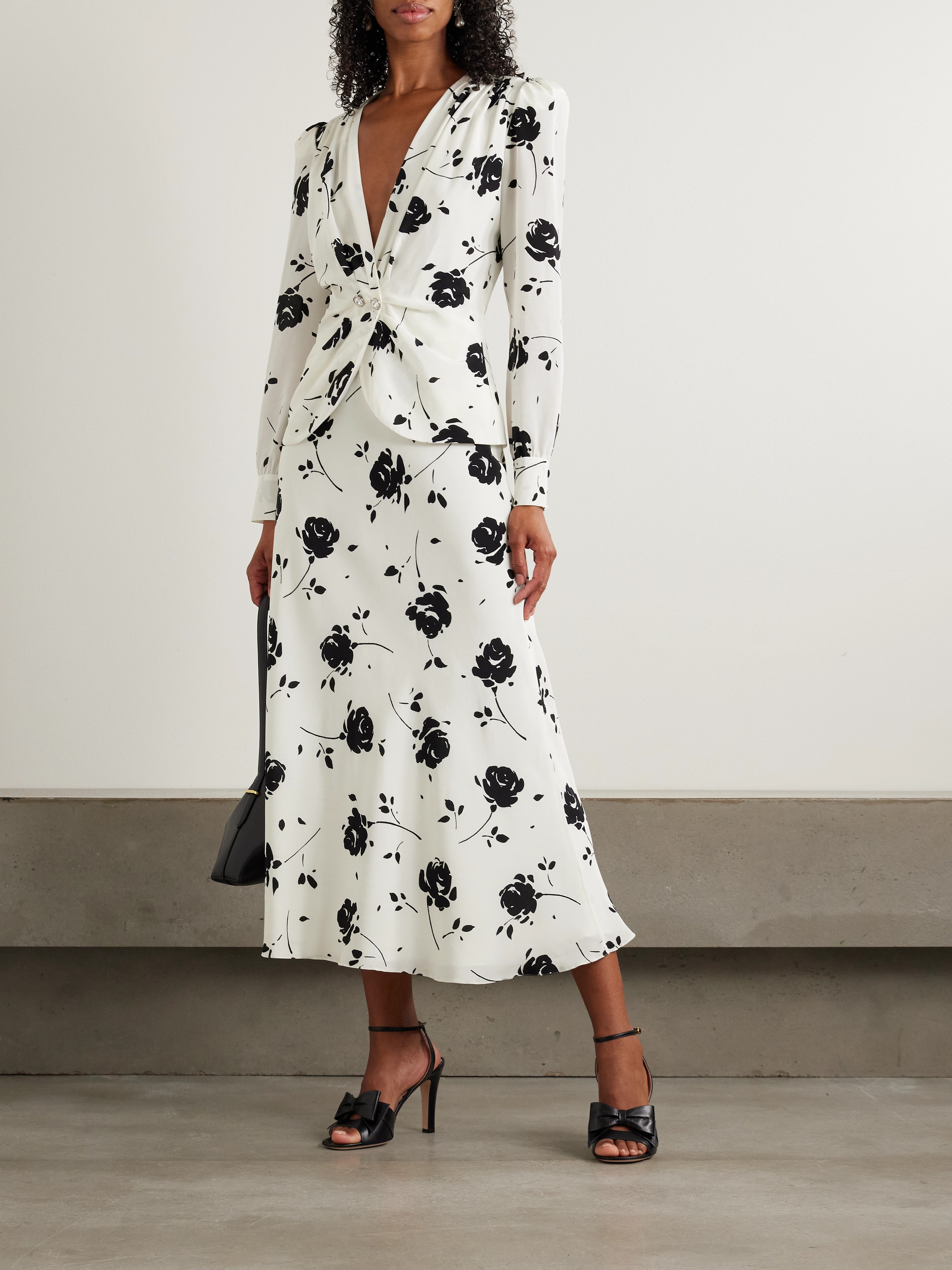 Alessandra Rich Embellished pleated floral-print silk crepe de chine midi dress