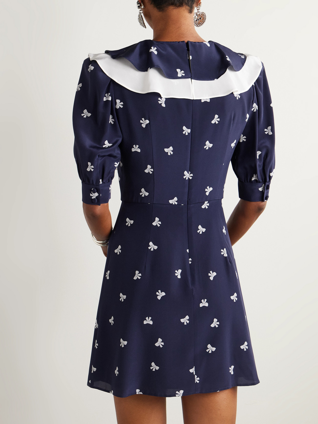 Alessandra Rich Ruffled Pleated Printed Silk Mini Dress In Blue