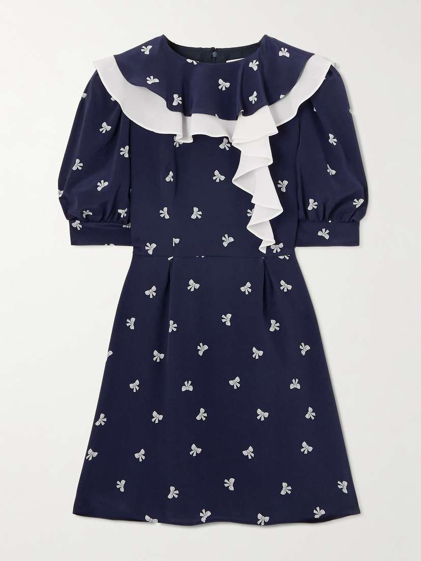 Alessandra Rich Ruffled Pleated Printed Silk Mini Dress