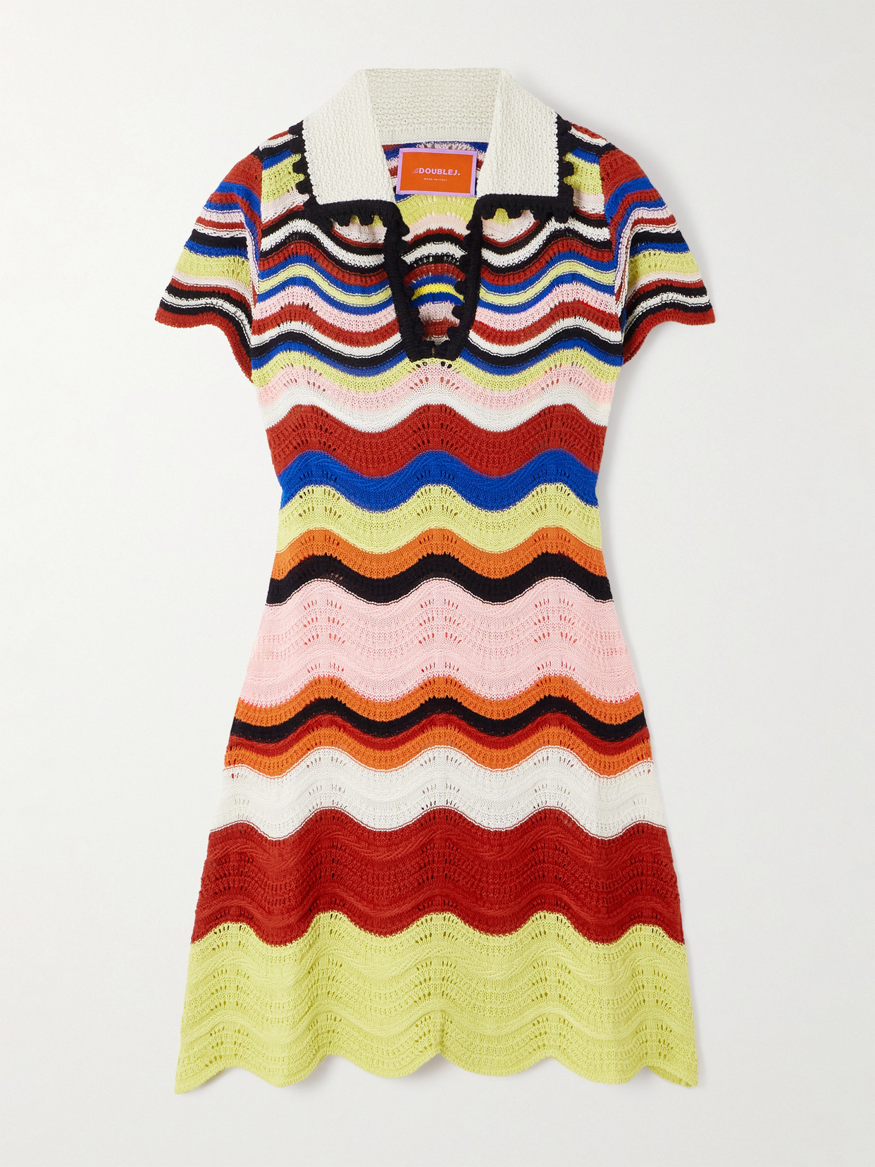 La Doublej Scalloped Striped Pointelle-knit Cotton Mini Dress