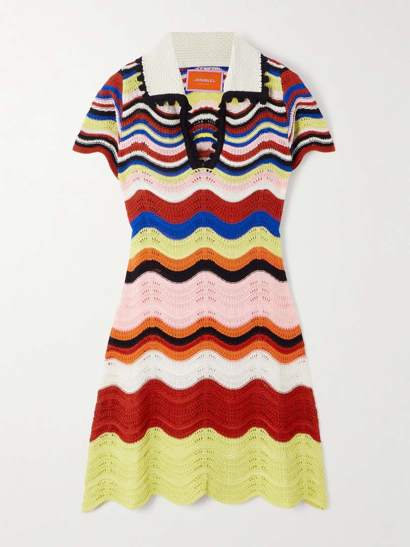 La DoubleJ Scalloped Striped Pointelle-knit Cotton Mini Dress