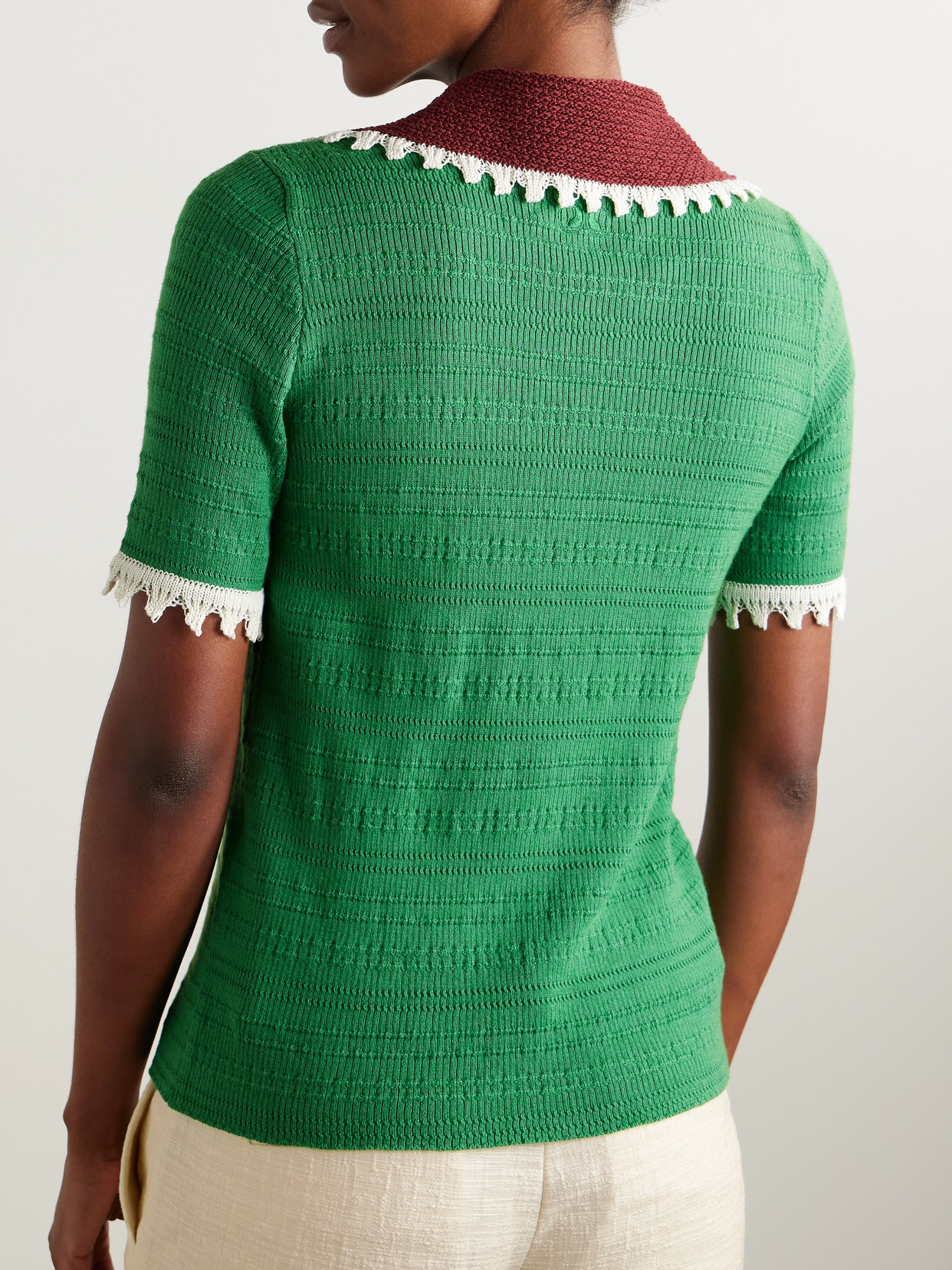 La Doublej Scalloped Wool And Silk-blend Polo Shirt