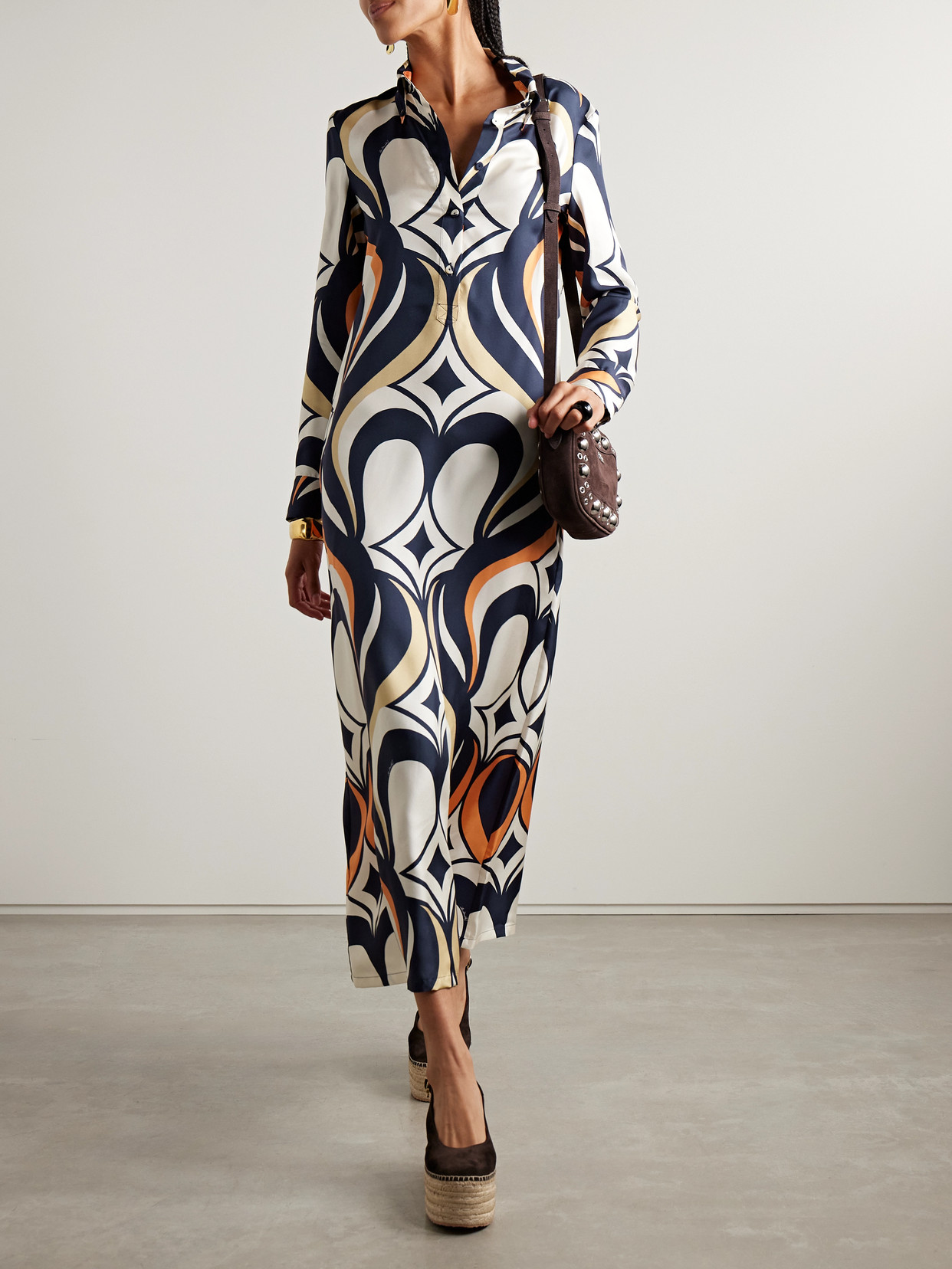 La Doublej Icon Printed Silk-twill Maxi Shirt Dress