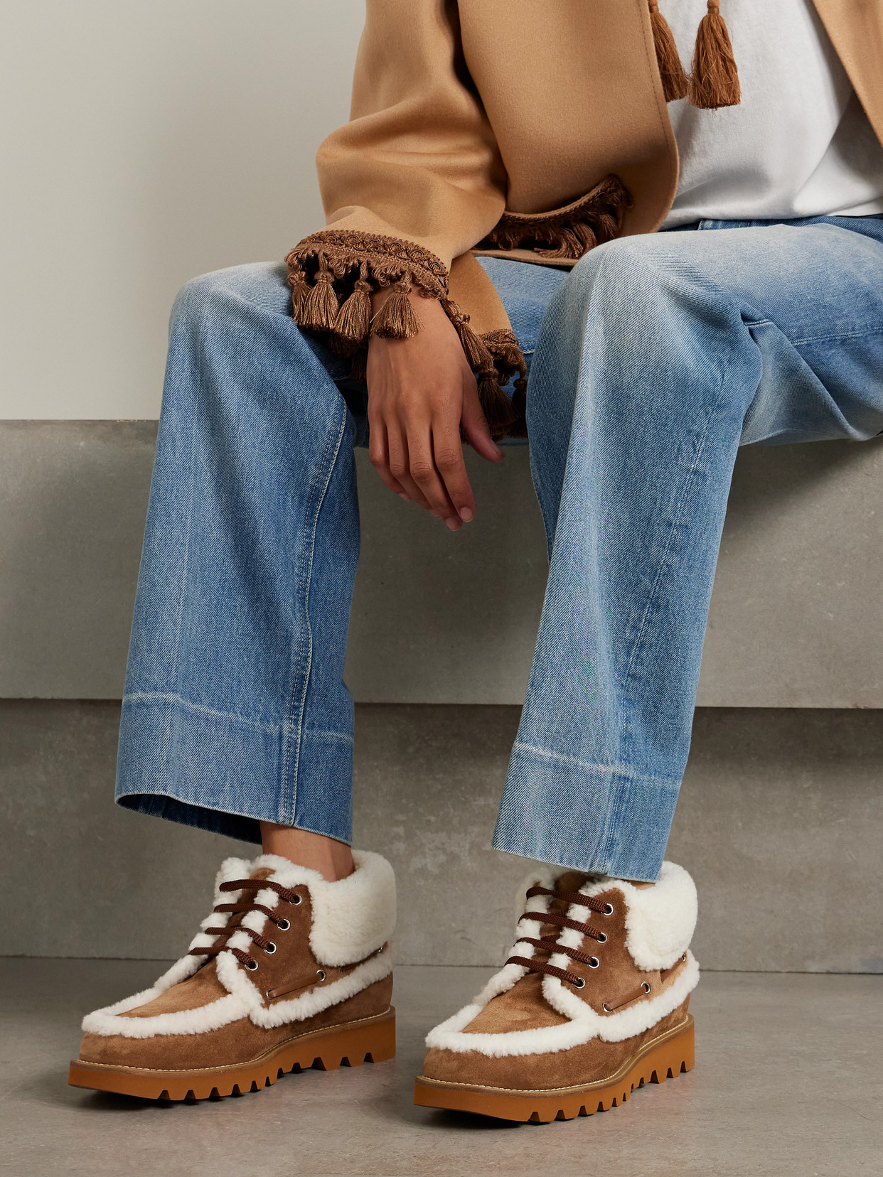 Valentino Palm Avenue Shearling-trimmed Suede Ankle Boots In Brown