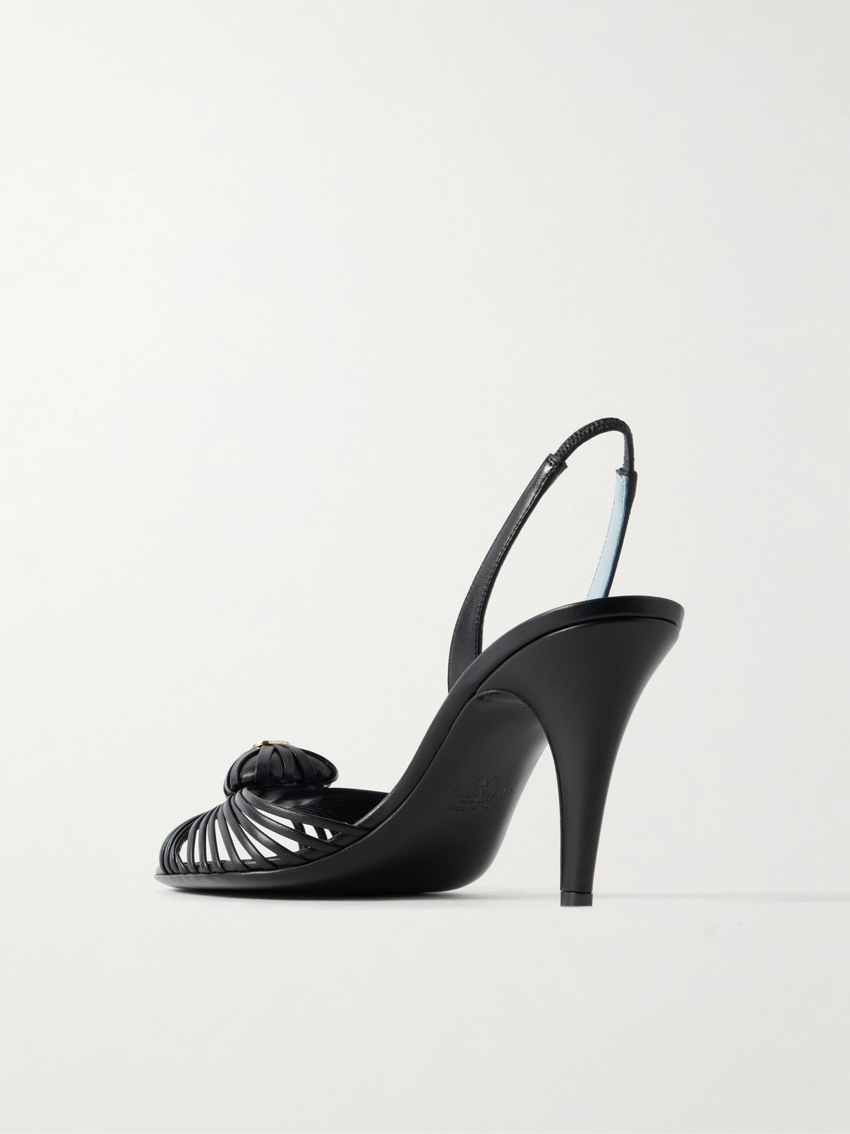 Valentino Black Slingback Leather Woven Heart Heeled Sandals In Black