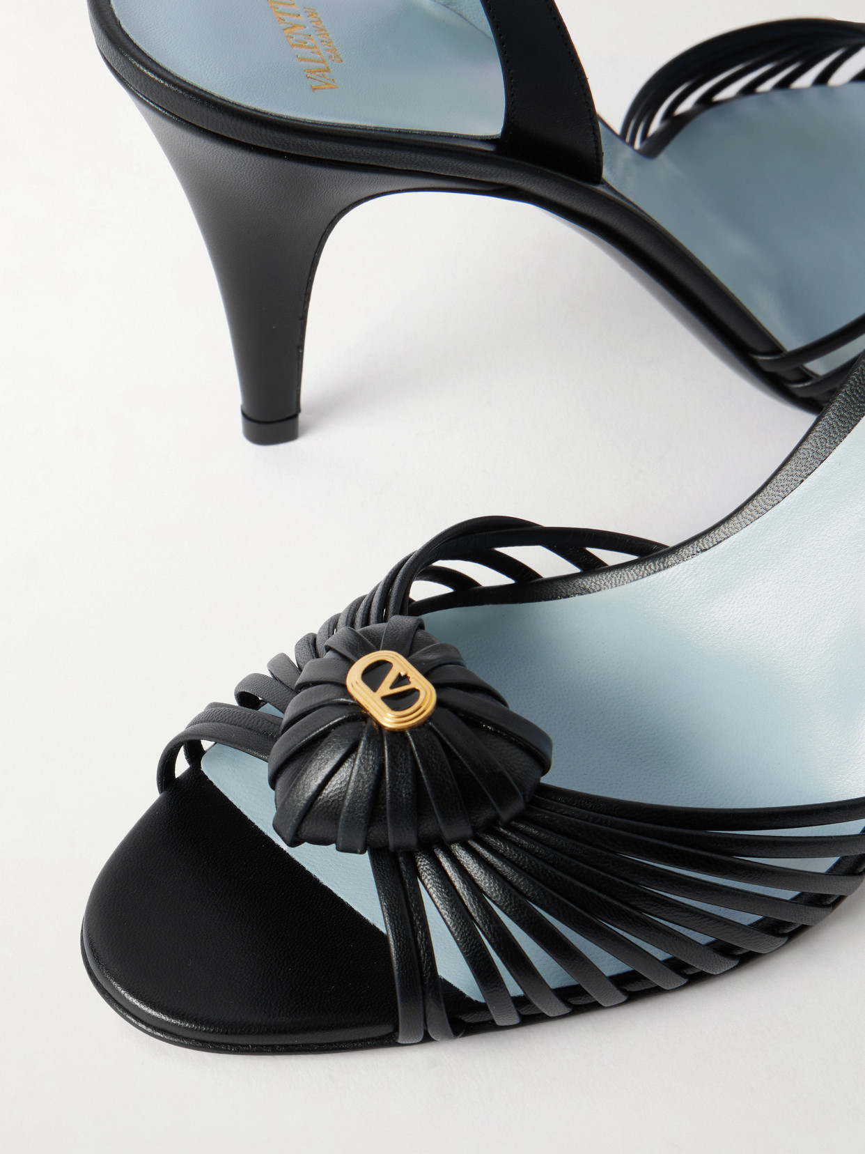 Valentino Black Slingback Leather Woven Heart Heeled Sandals In Black