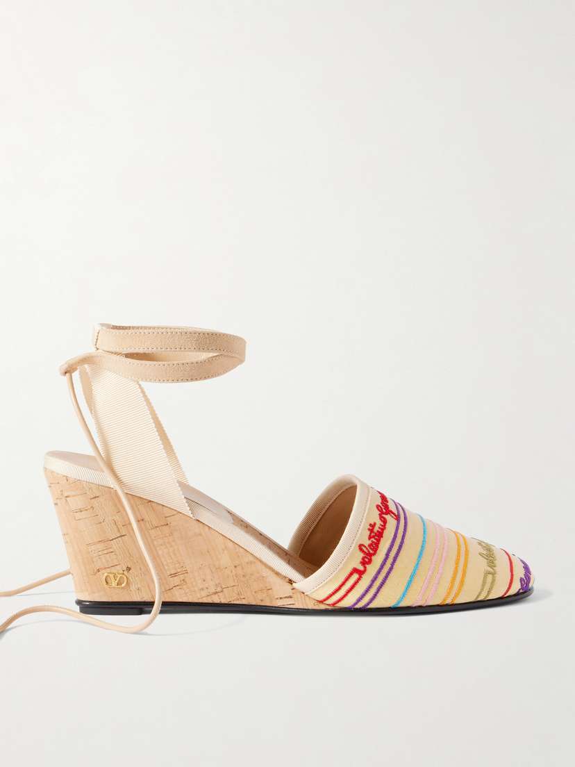 Valentino Garavani La Cruisette 75 Tasseled Embroidered Canvas Wedge Sandals