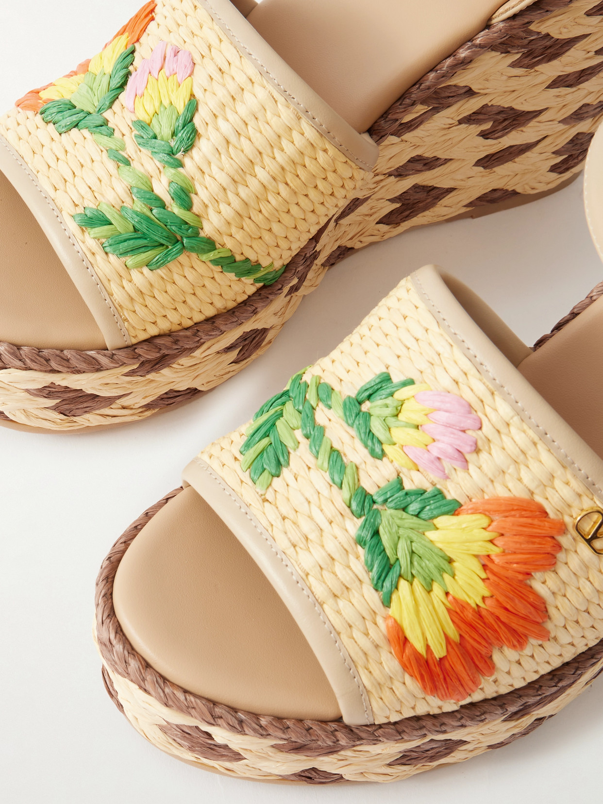 Valentino Leather And Floral-embroidered Raffia Wedge Espadrilles