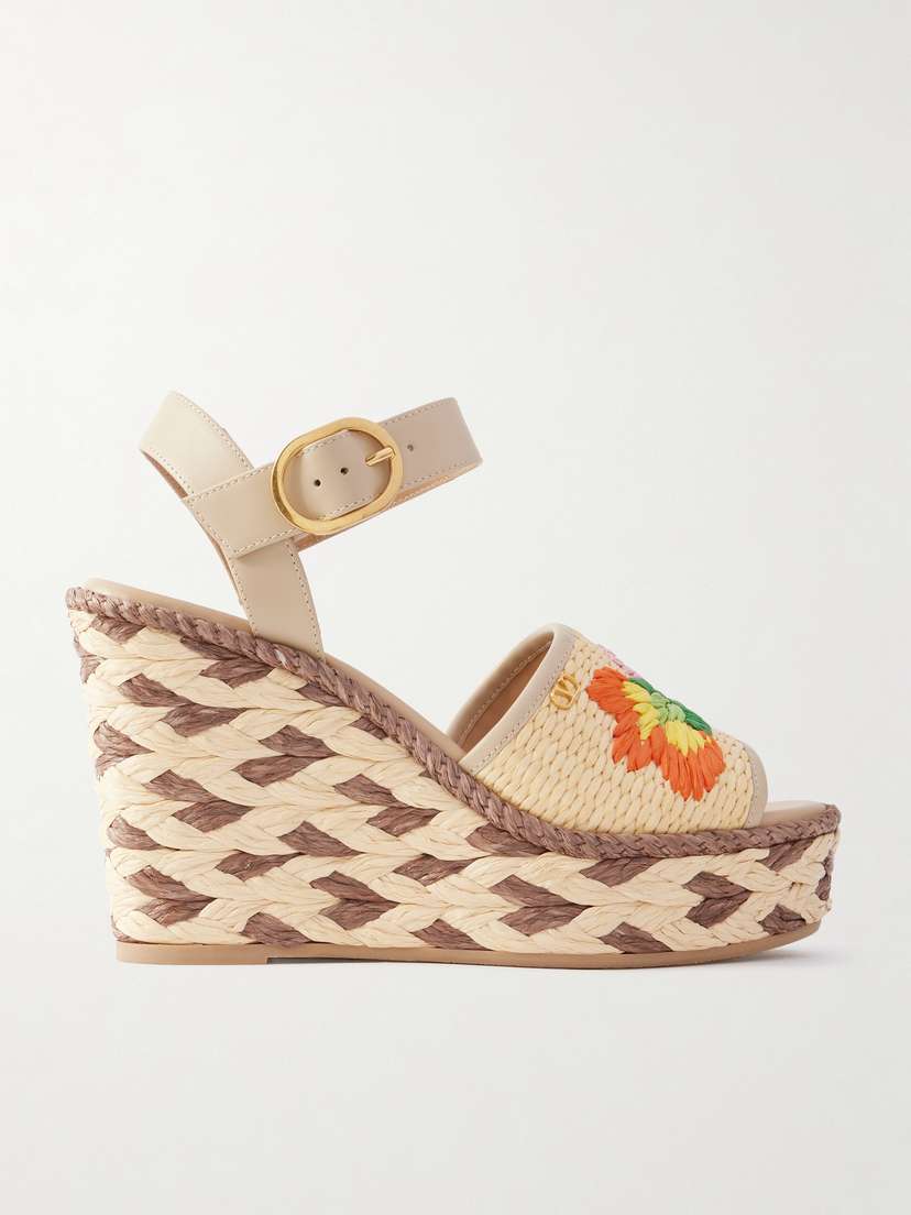 Valentino Garavani — Leather and floral-embroidered raffia wedge espadrilles