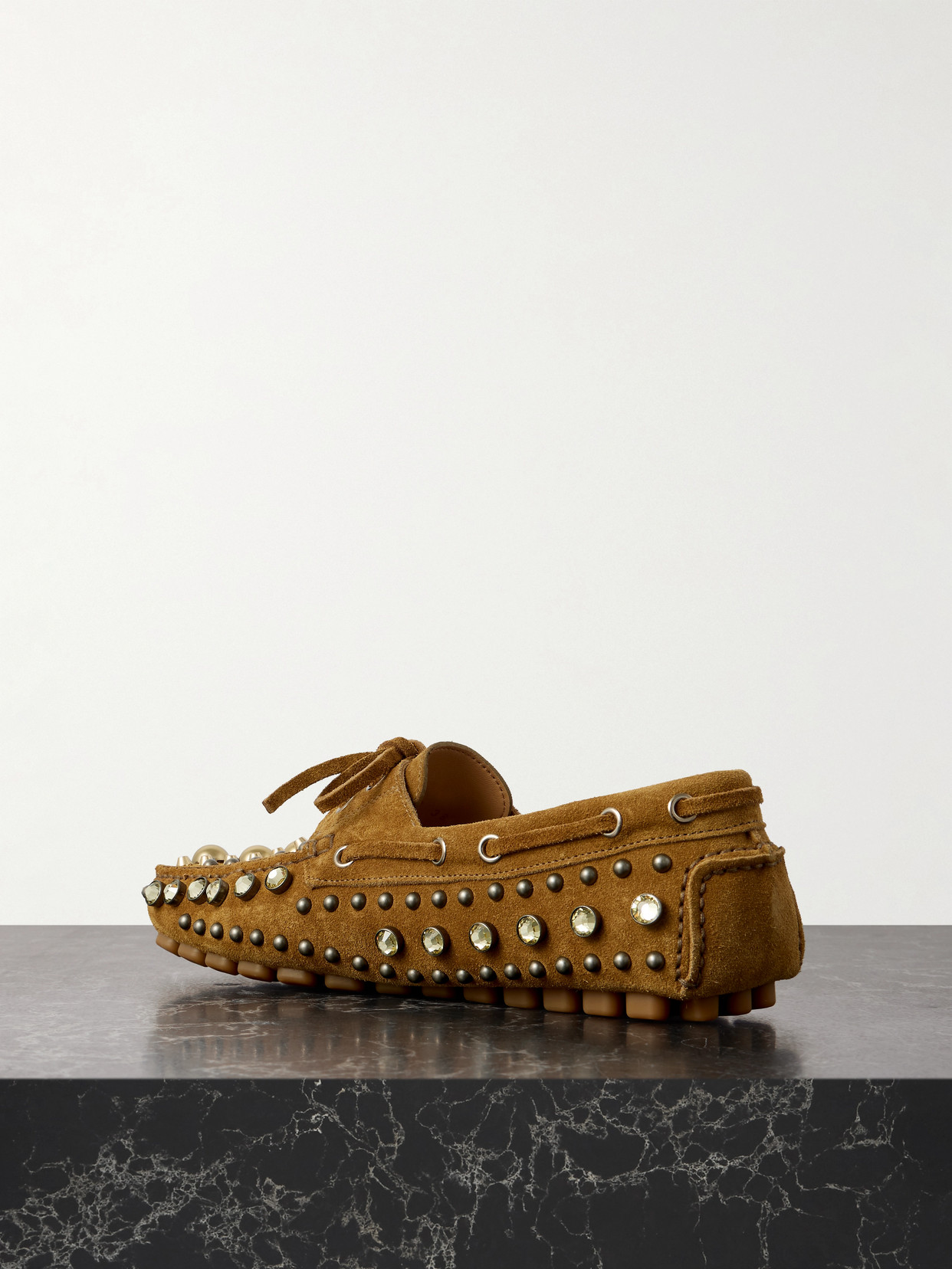 Valentino Fastaway Studded Suede Driving Shoes In Brown