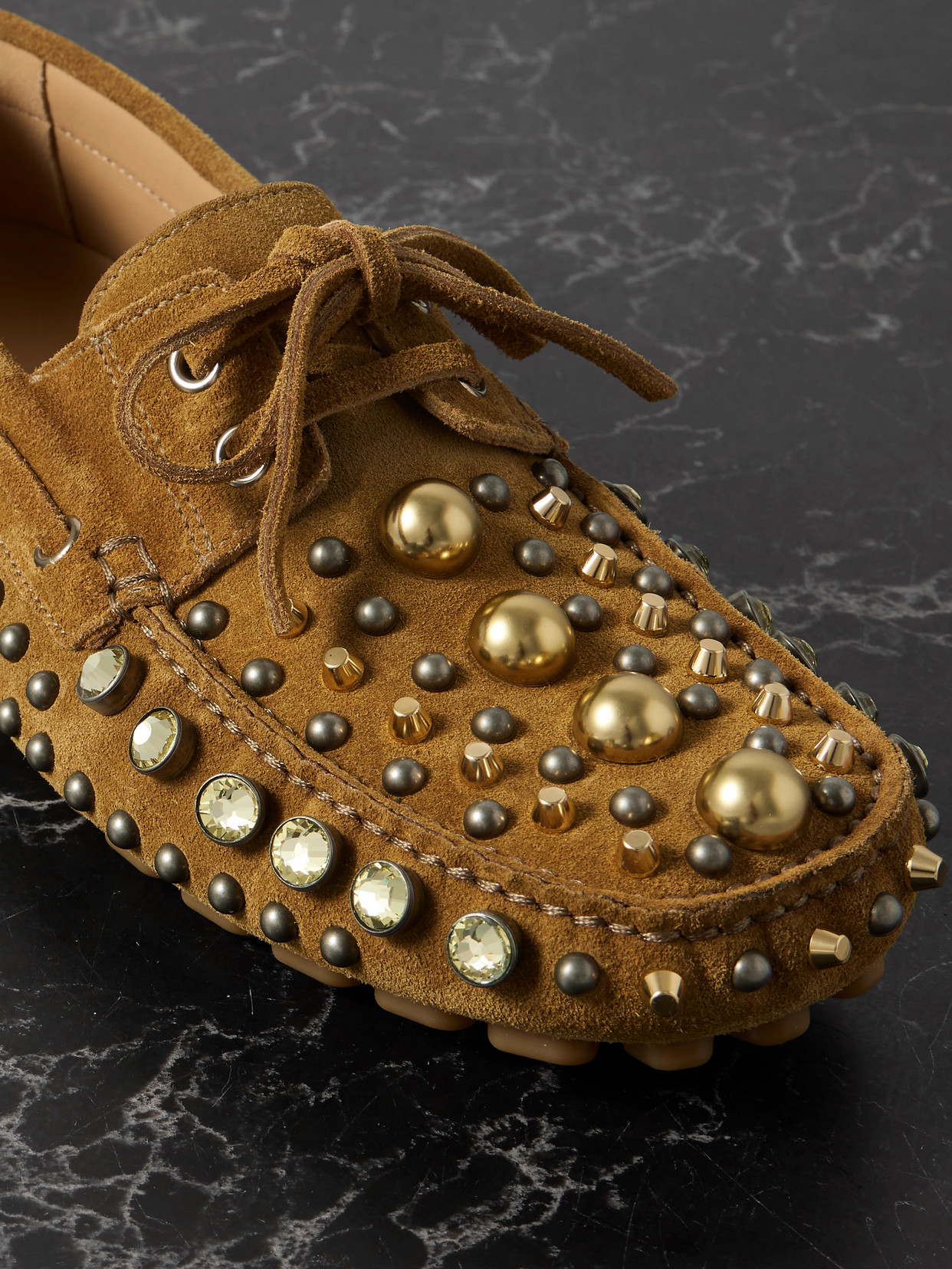Valentino Fastaway Studded Suede Driving Shoes In Brown