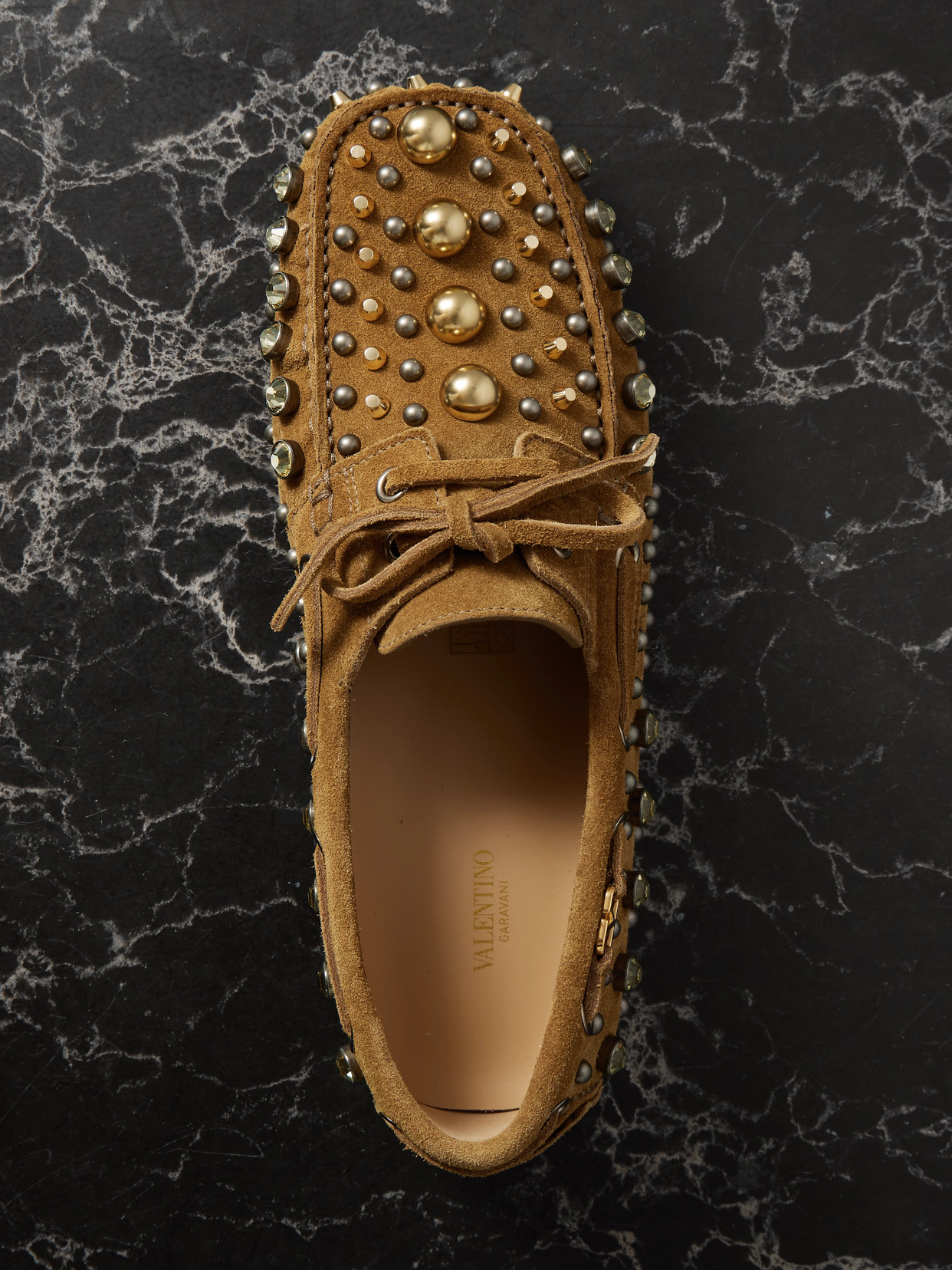 Valentino Fastaway Studded Suede Driving Shoes In Brown