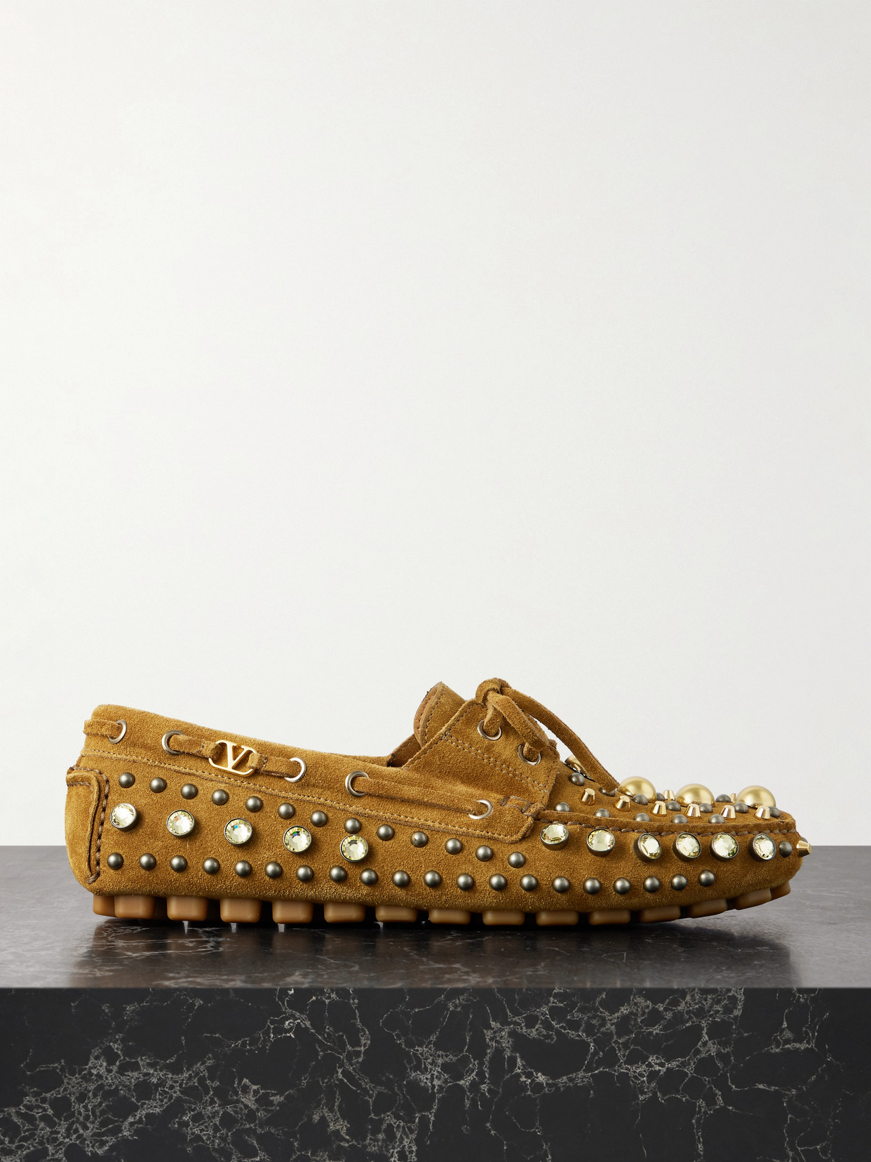 Valentino Fastaway Studded Suede Driving Shoes In Brown