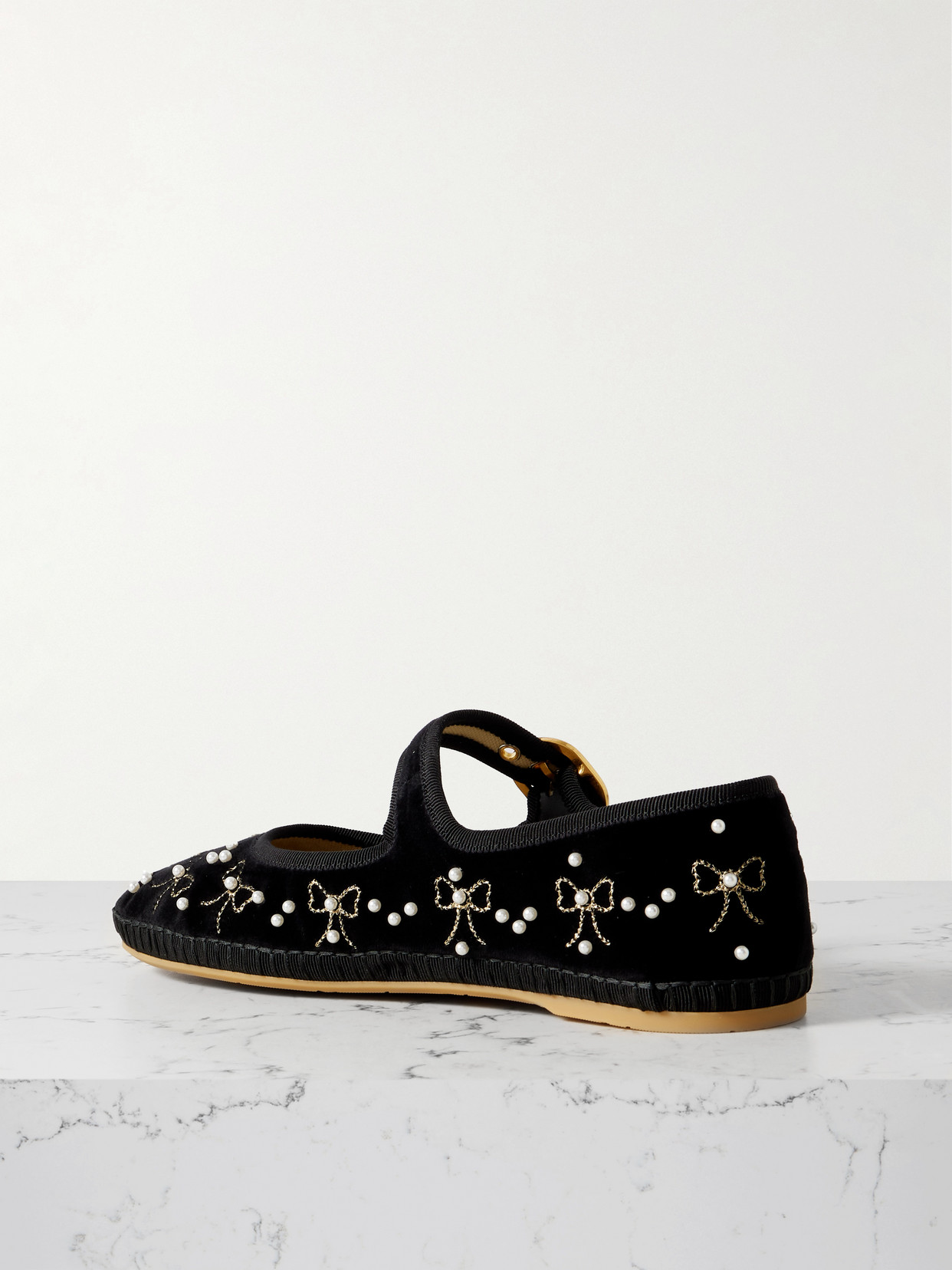 Valentino Endouce Embellished Grosgrain-trimmed Velvet Mary Jane Ballet Flats In Black