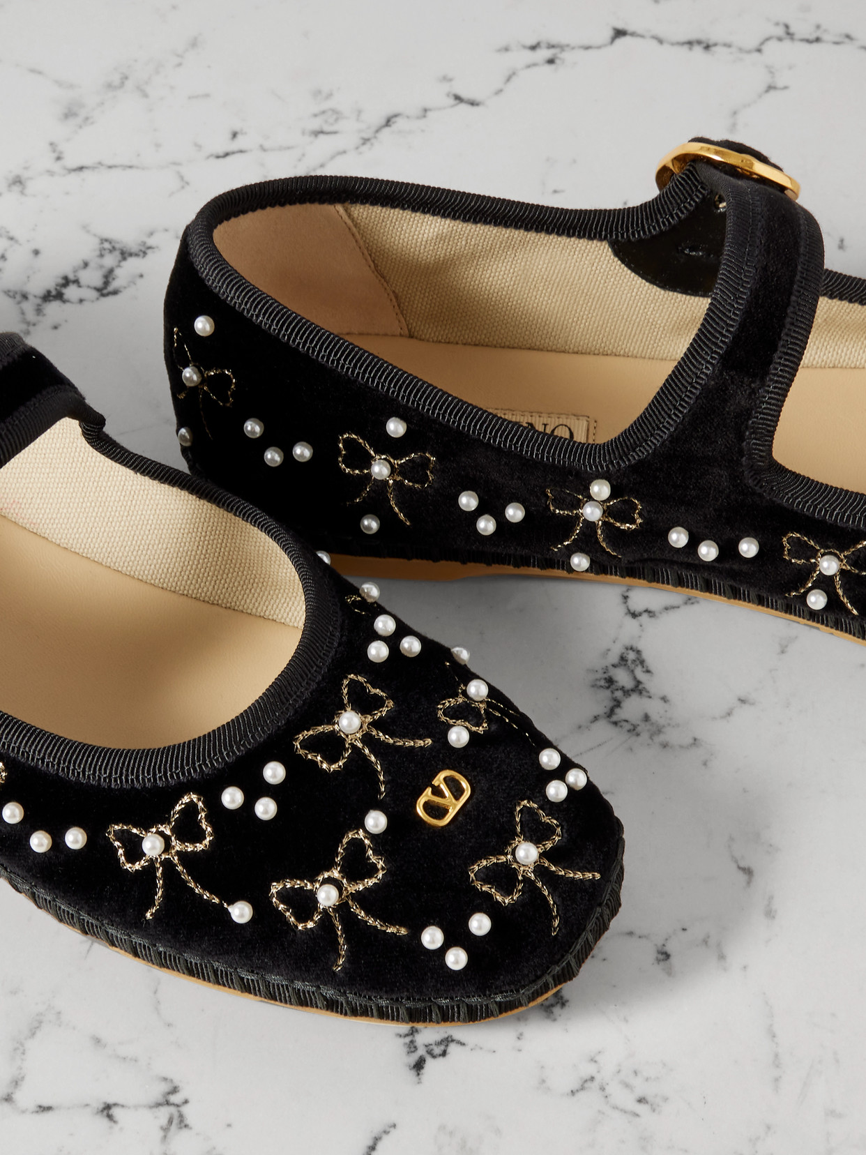 Valentino Endouce Embellished Grosgrain-trimmed Velvet Mary Jane Ballet Flats In Black