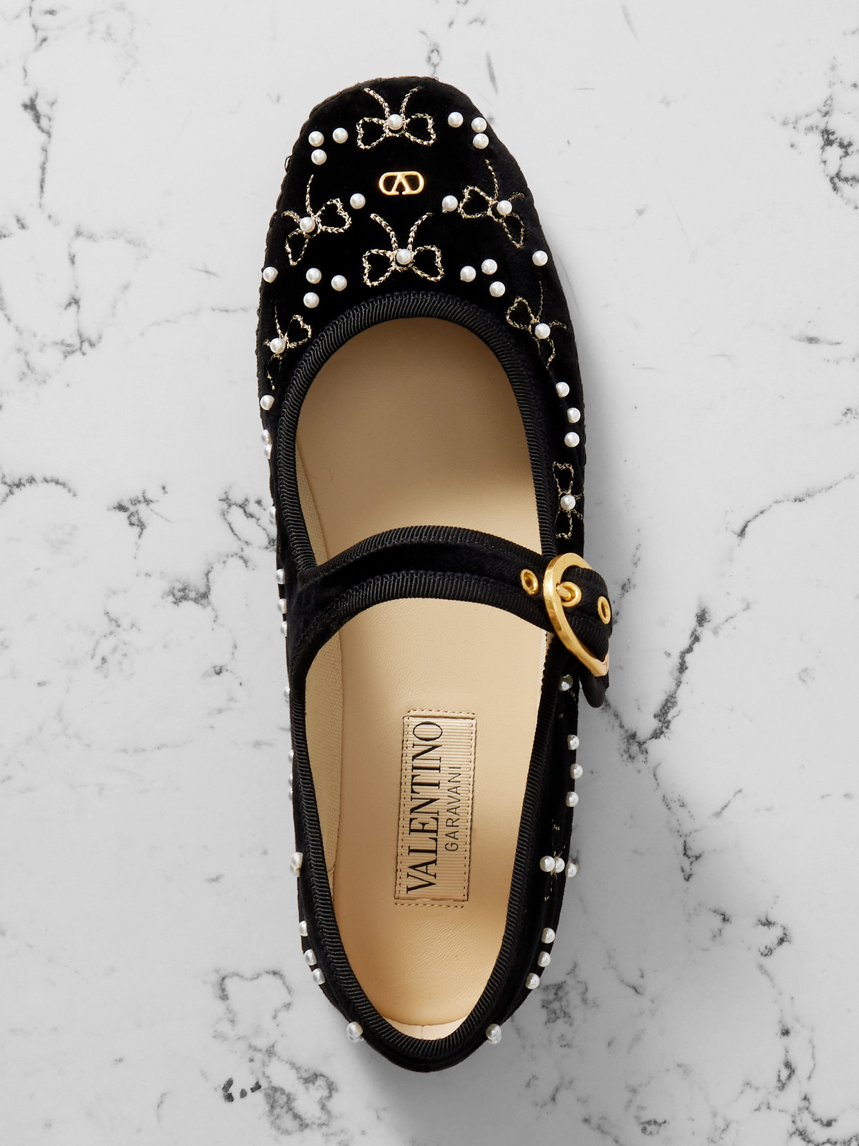 Valentino Endouce Embellished Grosgrain-trimmed Velvet Mary Jane Ballet Flats In Black