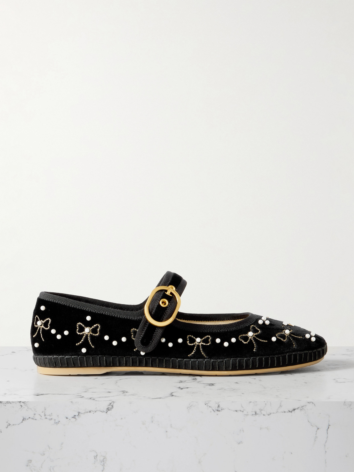 Valentino Endouce Embellished Grosgrain-trimmed Velvet Mary Jane Ballet Flats In Black