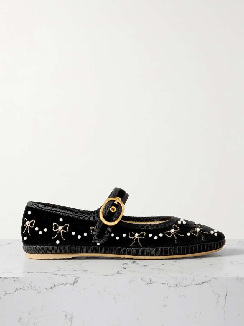 Valentino Garavani — Endouce embellished grosgrain-trimmed velvet Mary Jane ballet flats