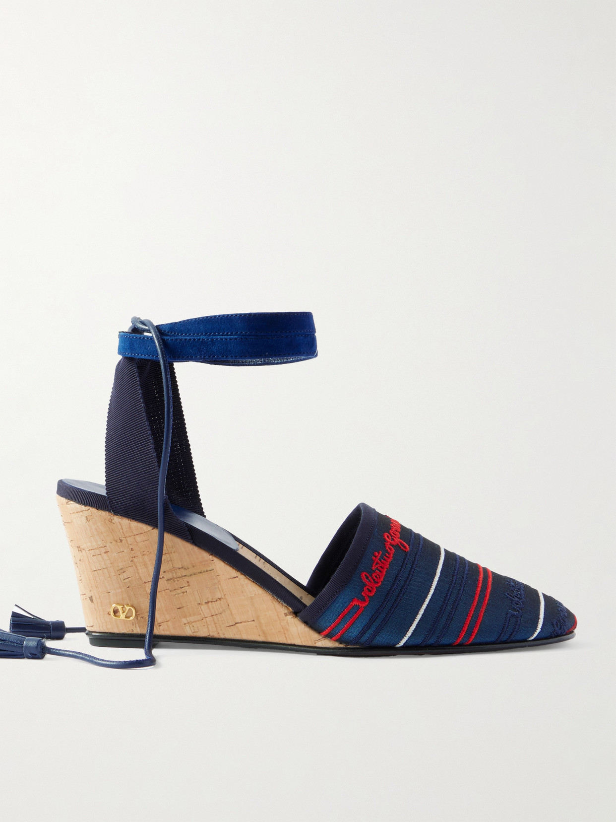 Valentino Garavani La Cruisette 75 Tasseled Embroidered Canvas Wedge Sandals In Blue