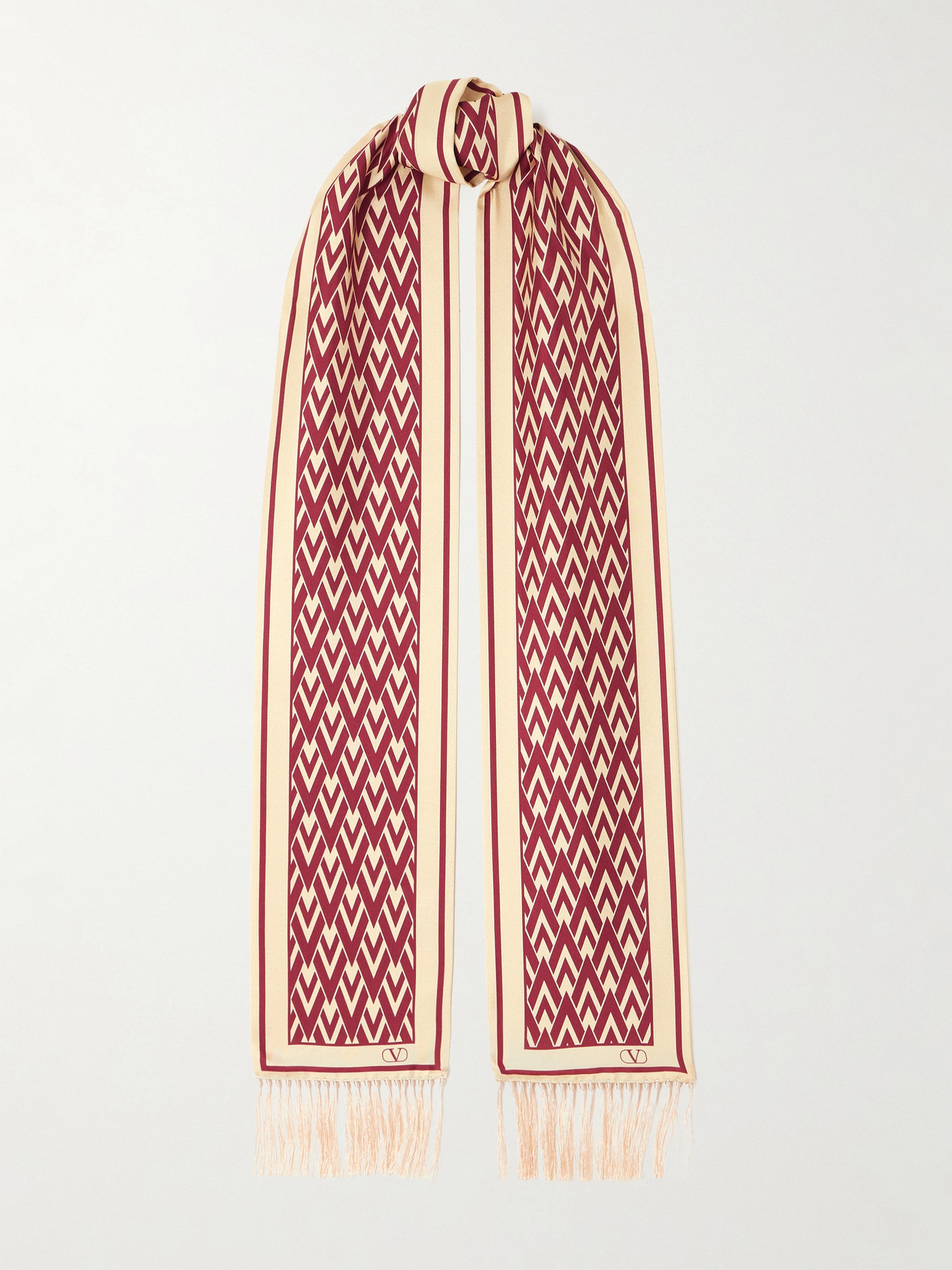 Valentino Toute La V Fringed Printed Silk-twill Scarf In Burgundy