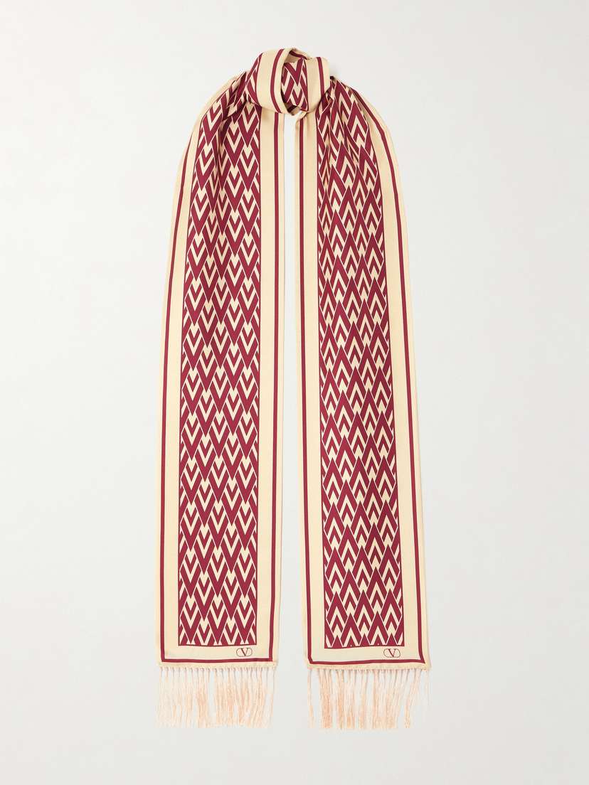 Valentino Garavani Toute La V Fringed Printed Silk-twill Scarf