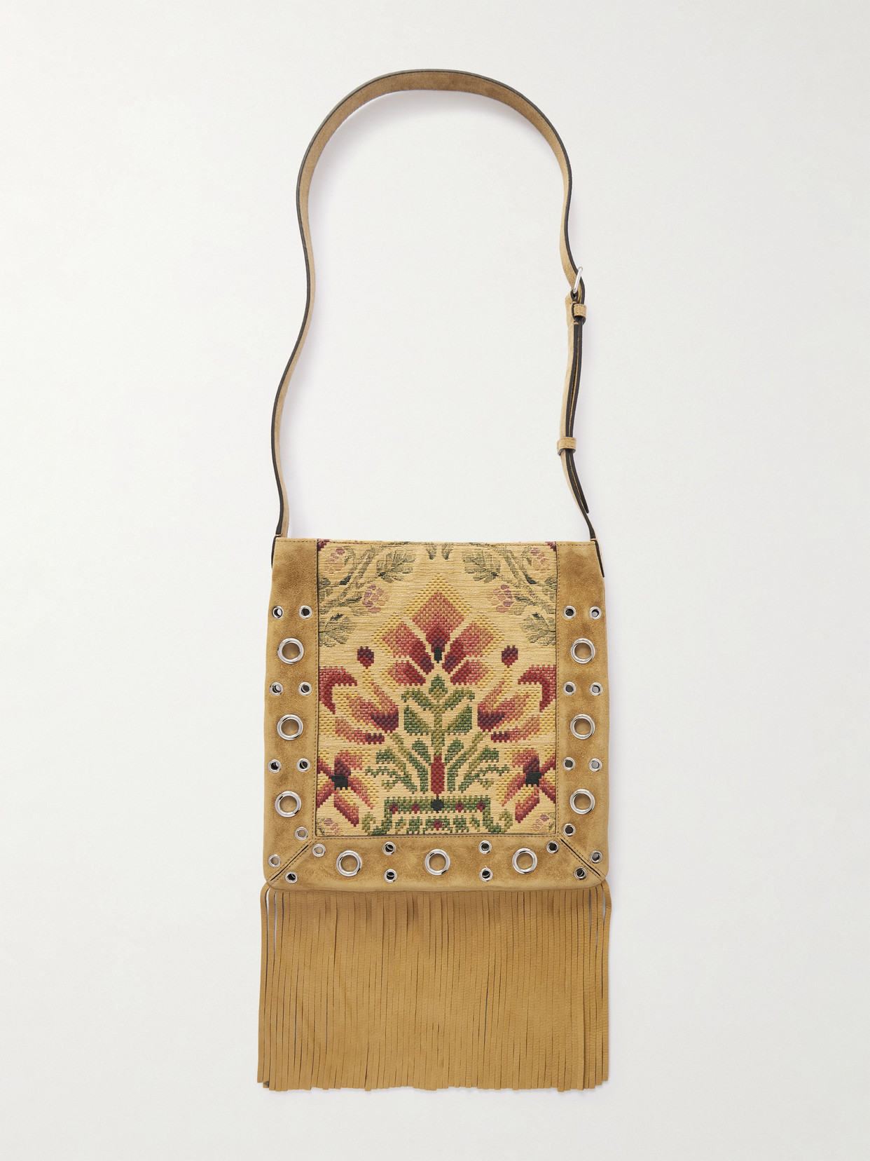 Valentino Nellcôte Fringed Studded Eyelet-embellished Jacquard And Suede Tote