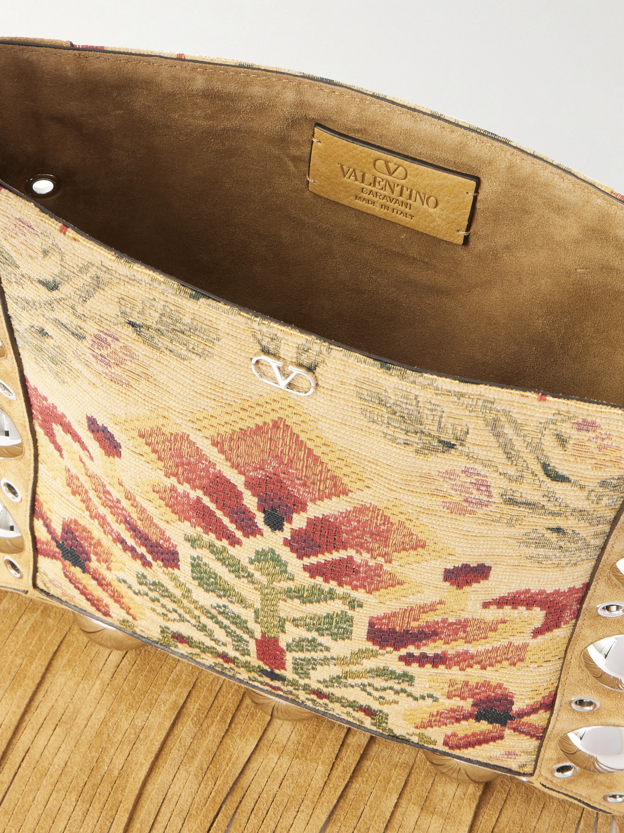 Valentino Nellcôte Fringed Studded Eyelet-embellished Jacquard And Suede Tote