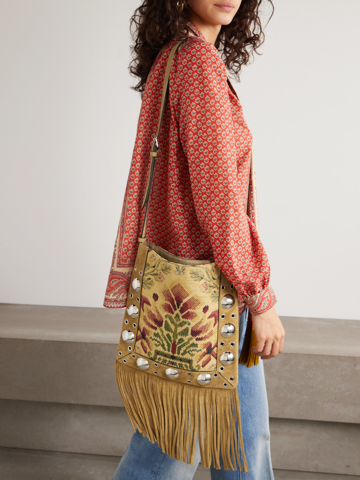 Valentino Nellcôte Fringed Studded Eyelet-embellished Jacquard And Suede Tote
