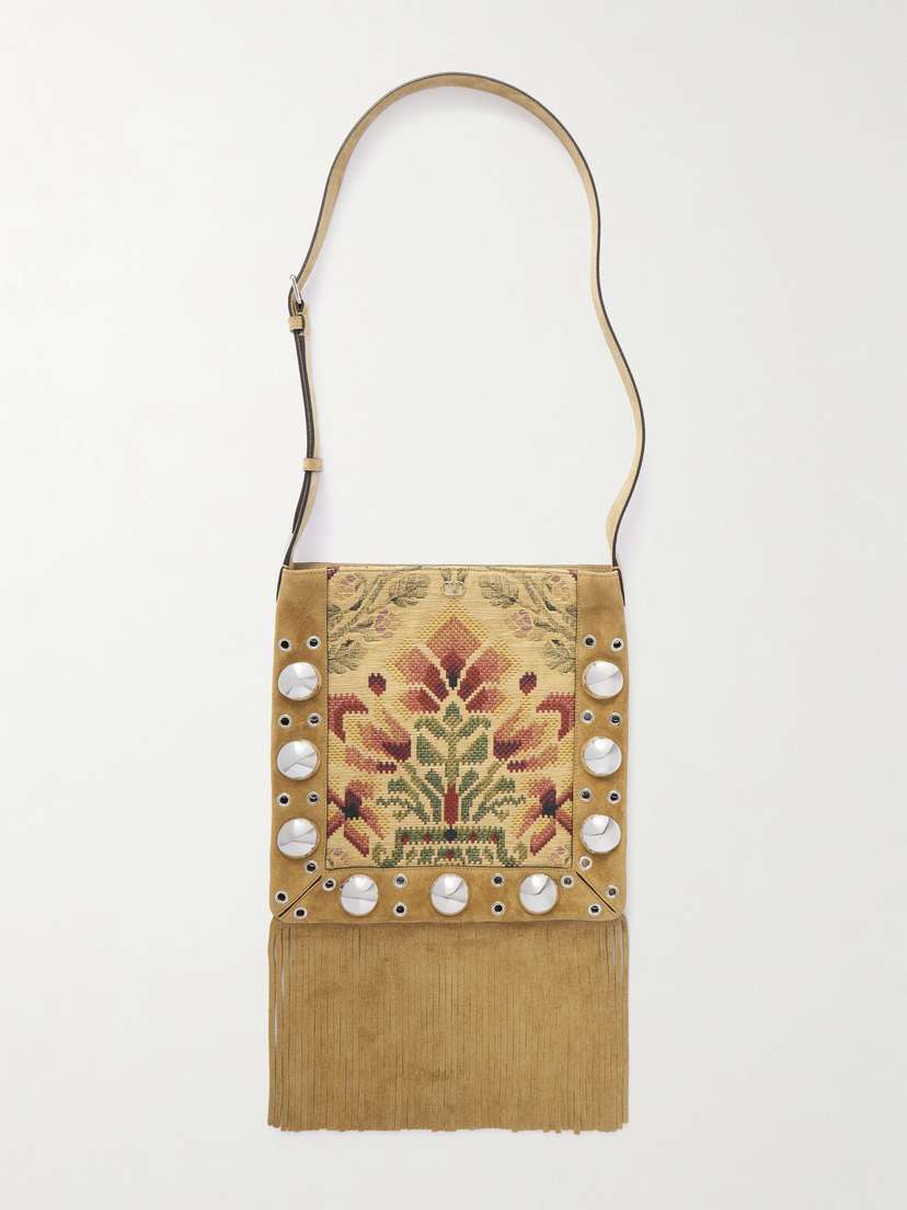 Valentino Garavani Nellcôte Fringed Studded Eyelet-embellished Jacquard And Suede Tote
