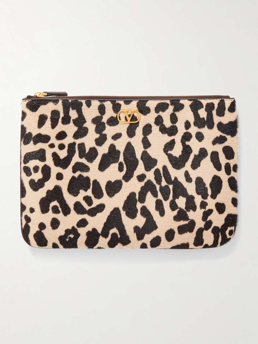 Valentino Garavani Vlogo Signature Medium Leopard-print Calf-hair Clutch