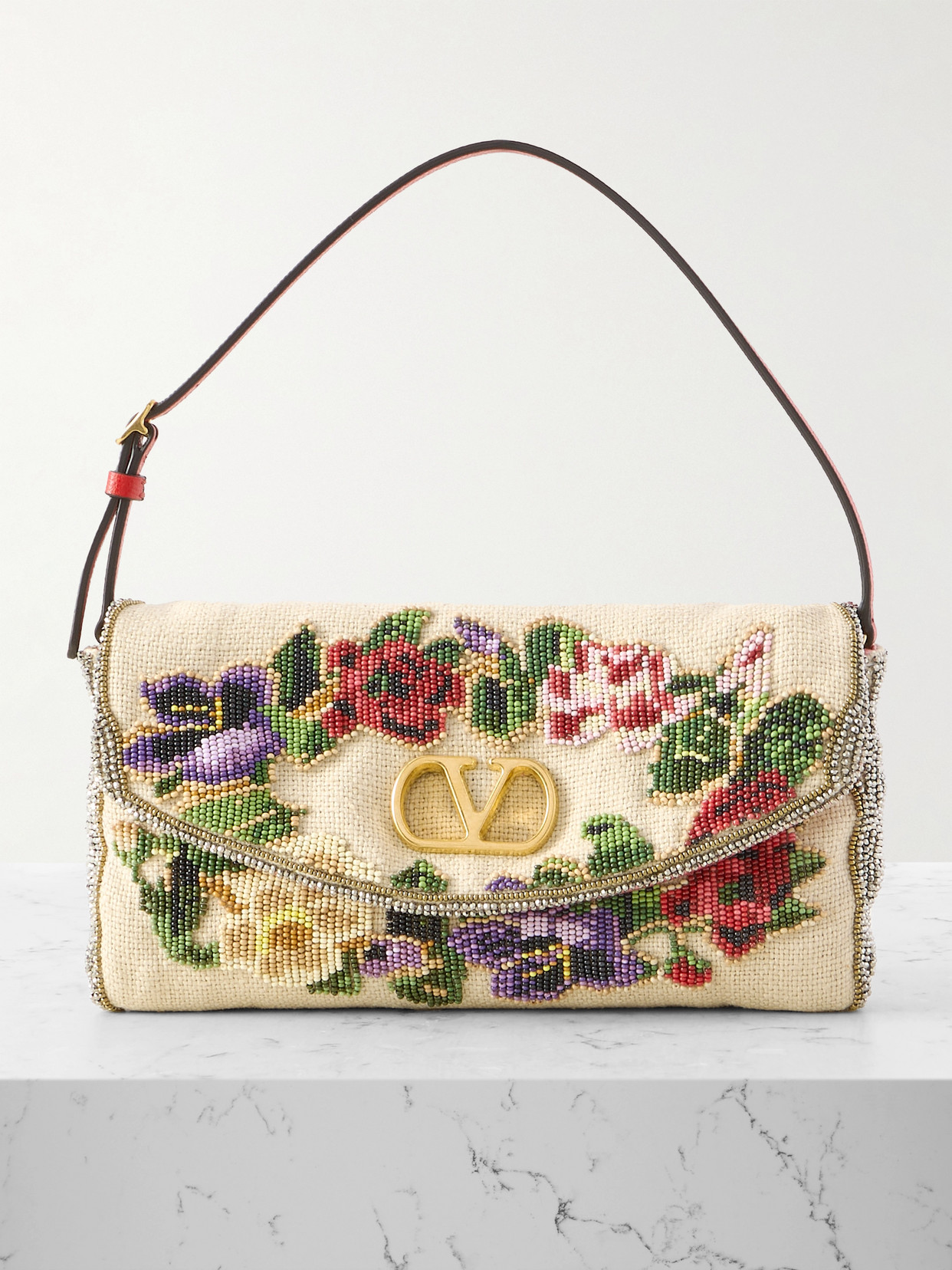 Valentino Garavani Vain Soft Leather-trimmed Embellished Canvas Shoulder Bag In Multi