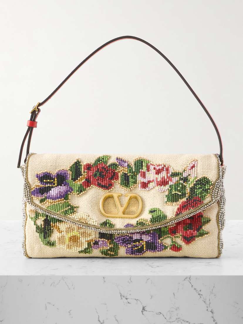 Valentino Garavani Vain Soft Leather-trimmed Embellished Canvas Shoulder Bag