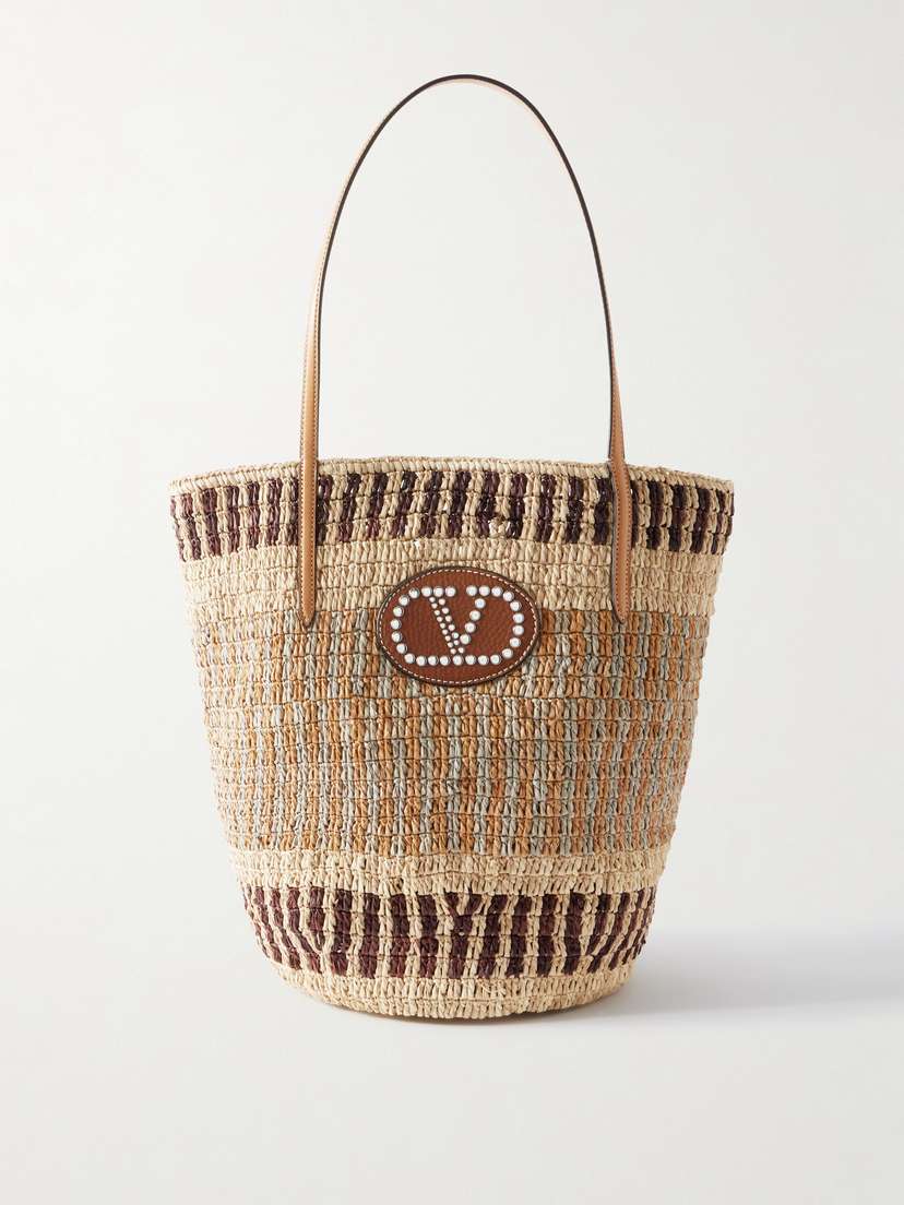 Valentino Garavani Vlogo Leather-trimmed Raffia Tote