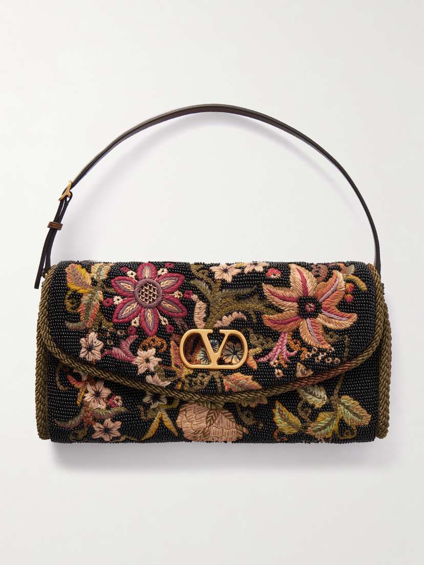 Valentino Garavani Vain Leather-trimmed Beaded Embroidered Tote