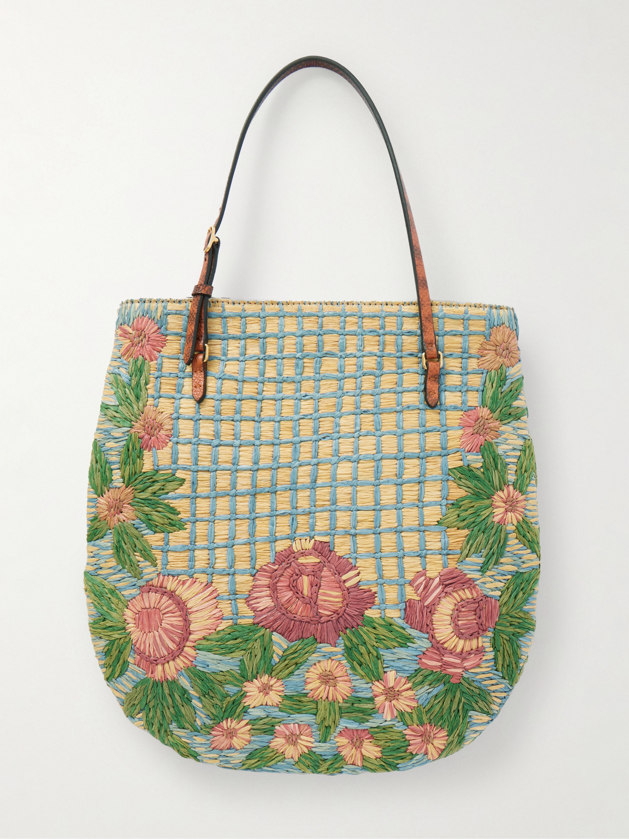 Valentino Panier De Fleurs Snake-effect Leather-trimmed Embroidered Raffia Tote In Multi