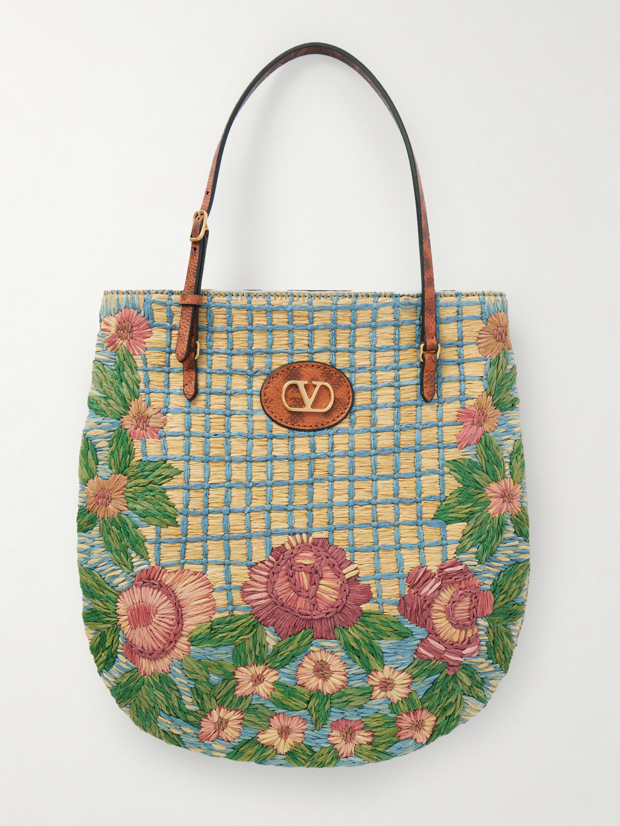 Valentino Garavani Panier De Fleurs Snake-effect Leather-trimmed Embroidered Raffia Tote In Multi
