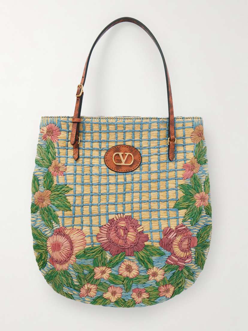 Valentino Garavani Panier De Fleurs Snake-effect Leather-trimmed Embroidered Raffia Tote