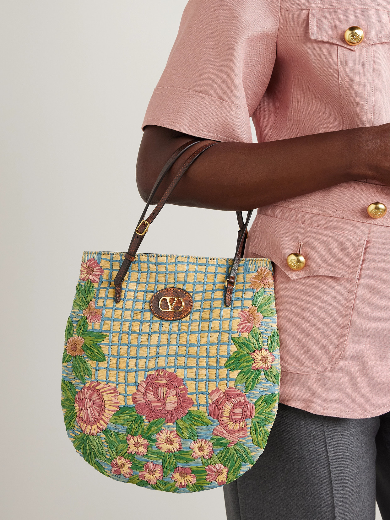 Valentino Panier De Fleurs Snake-effect Leather-trimmed Embroidered Raffia Tote In Multi