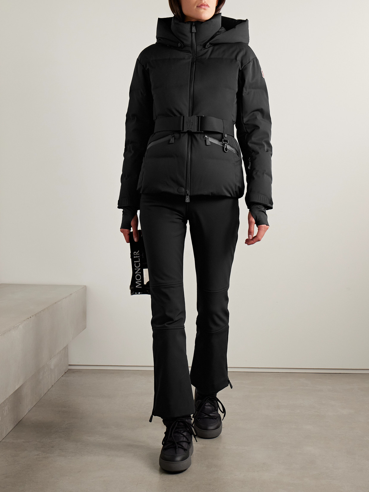Moncler Tolima Hooded Belted Quilted Down Ski Jacket In Black