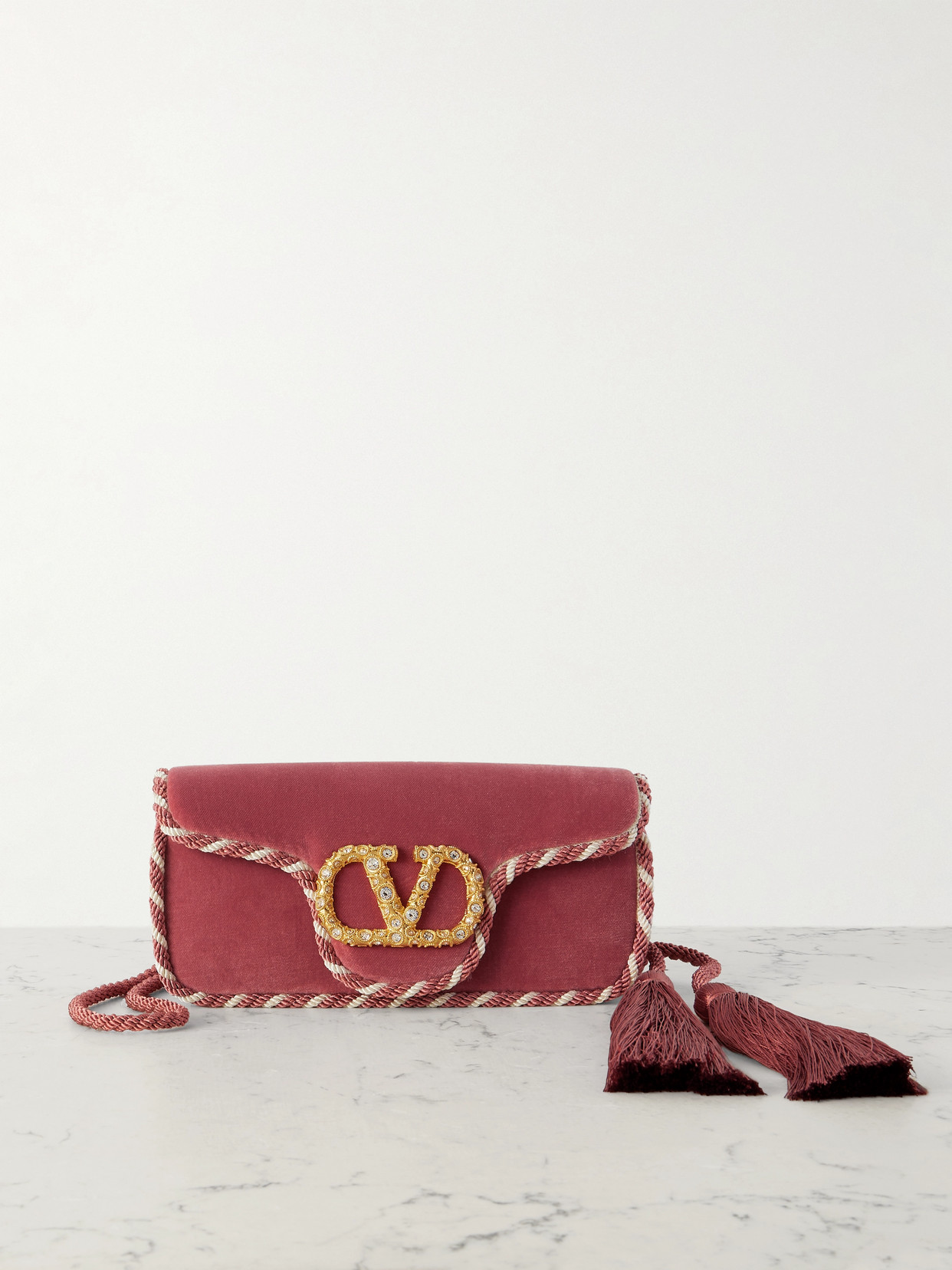 Valentino Garavani Locò Tasseled Embellished Cord-trimmed Velvet Shoulder Bag In Pink