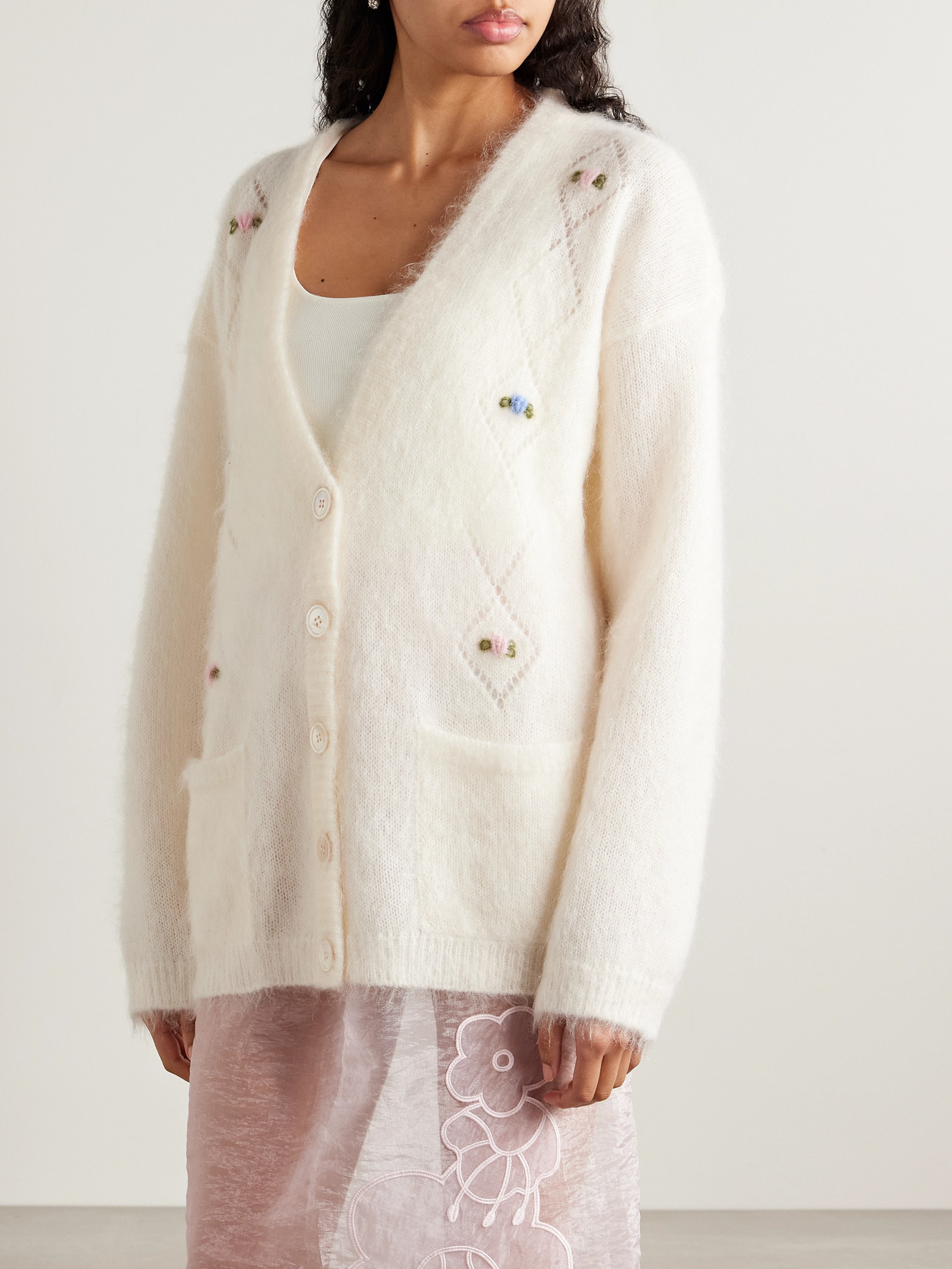 Alessandra Rich Embroidered Pointelle-knit Mohair-blend Cardigan In Multi